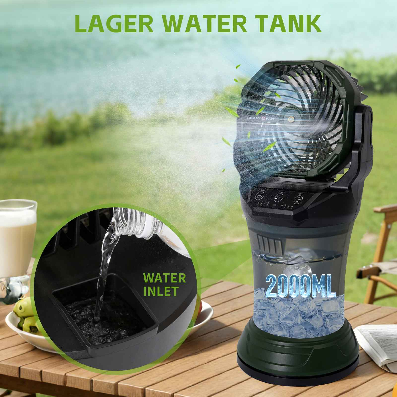 Ein tragbarer Sprühventilator mit einem 2000-ml-Wassertank, gefüllt mit Eiswürfeln, auf einem Holztisch.