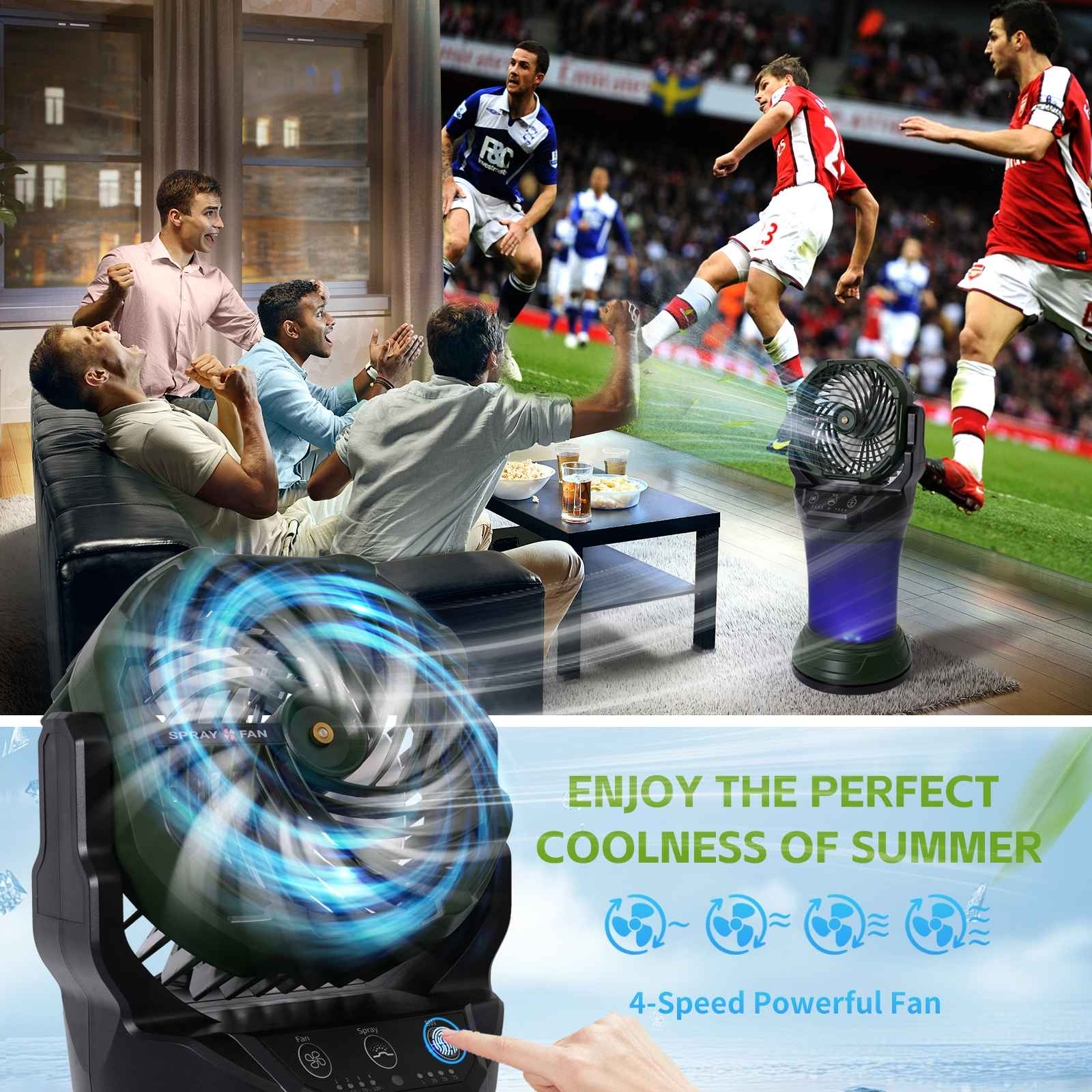 Männer schauen Fußball, ein Ventilator sprüht Wasser. Text: Sommerkühle genießen.