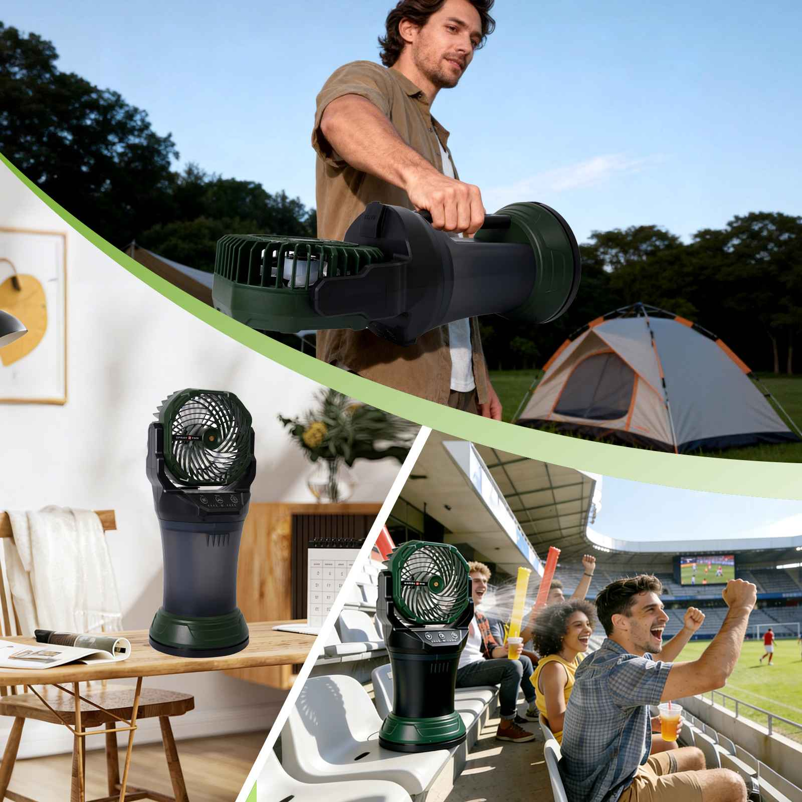 Collage eines tragbaren Ventilators im Freien, drinnen und im Stadion.