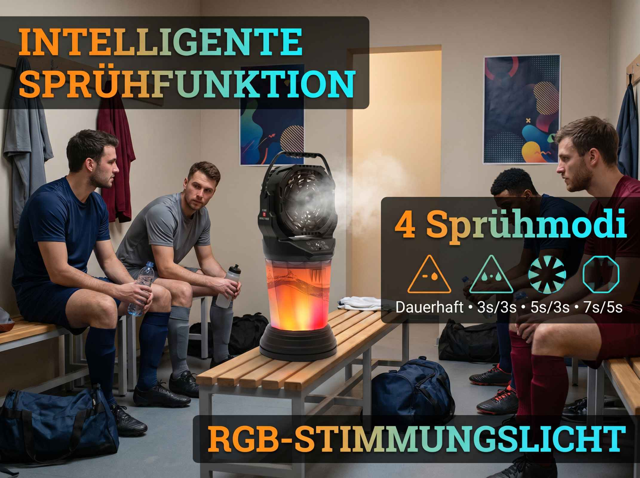 Männer in einem Umkleideraum sitzen auf einer Bank neben einem Sprühgerät mit RGB-Licht.
