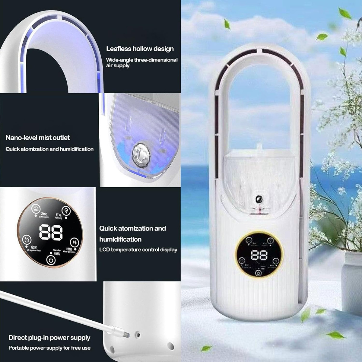 Ein weißer Turmventilator mit LCD-Display, der Nebel ausstößt, mit Textdetails.