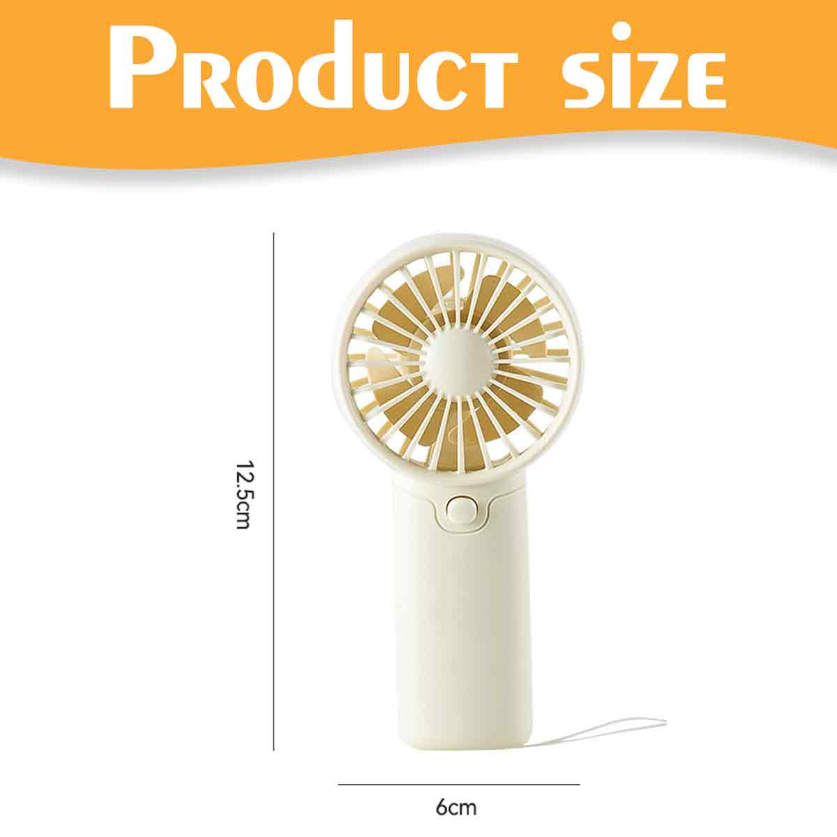 Ein weißer Handventilator mit gelben Flügeln, 12,5 cm hoch und 6 cm breit.