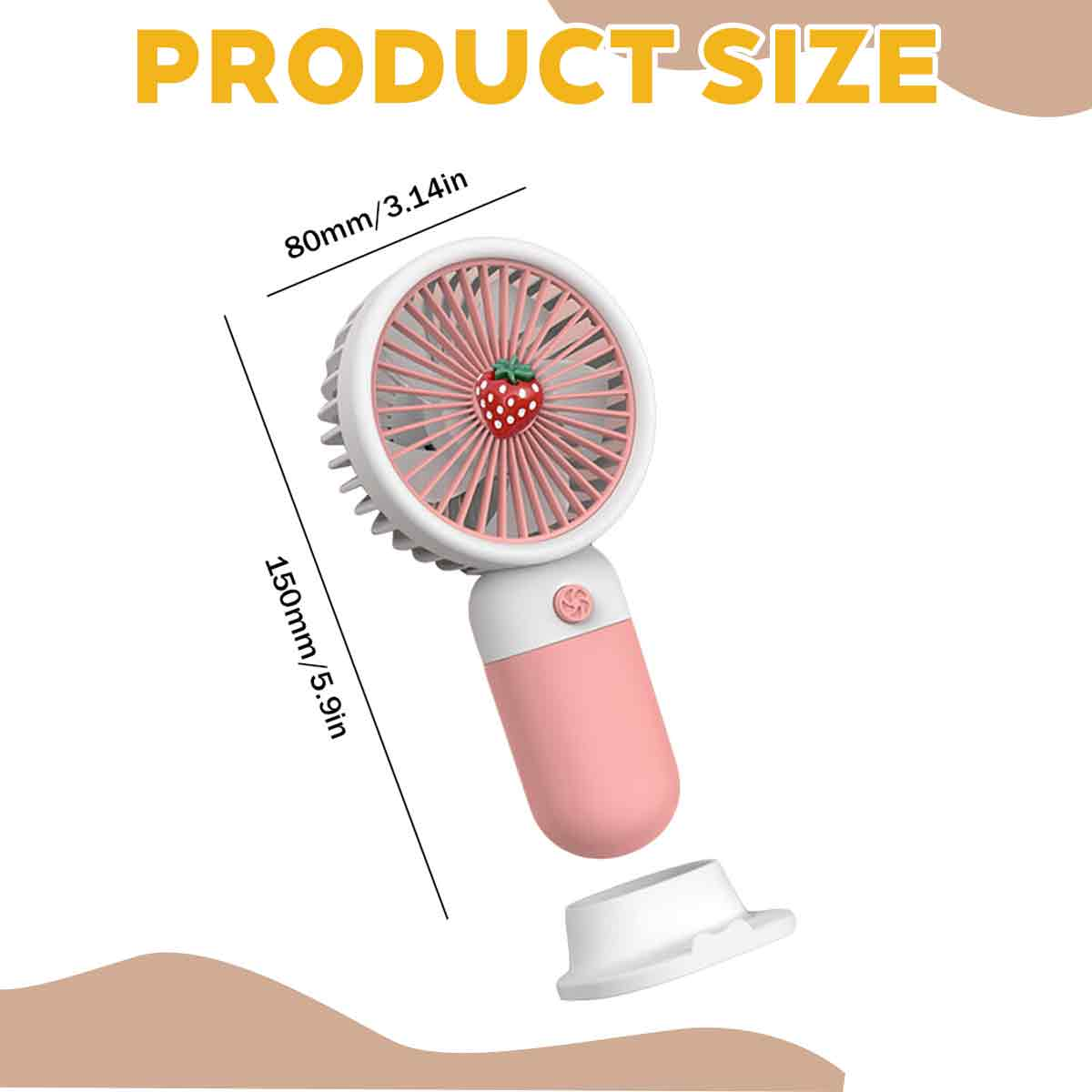 Ein rosa Ventilator mit Erdbeer-Design und Größenangaben von 80mm und 150mm.