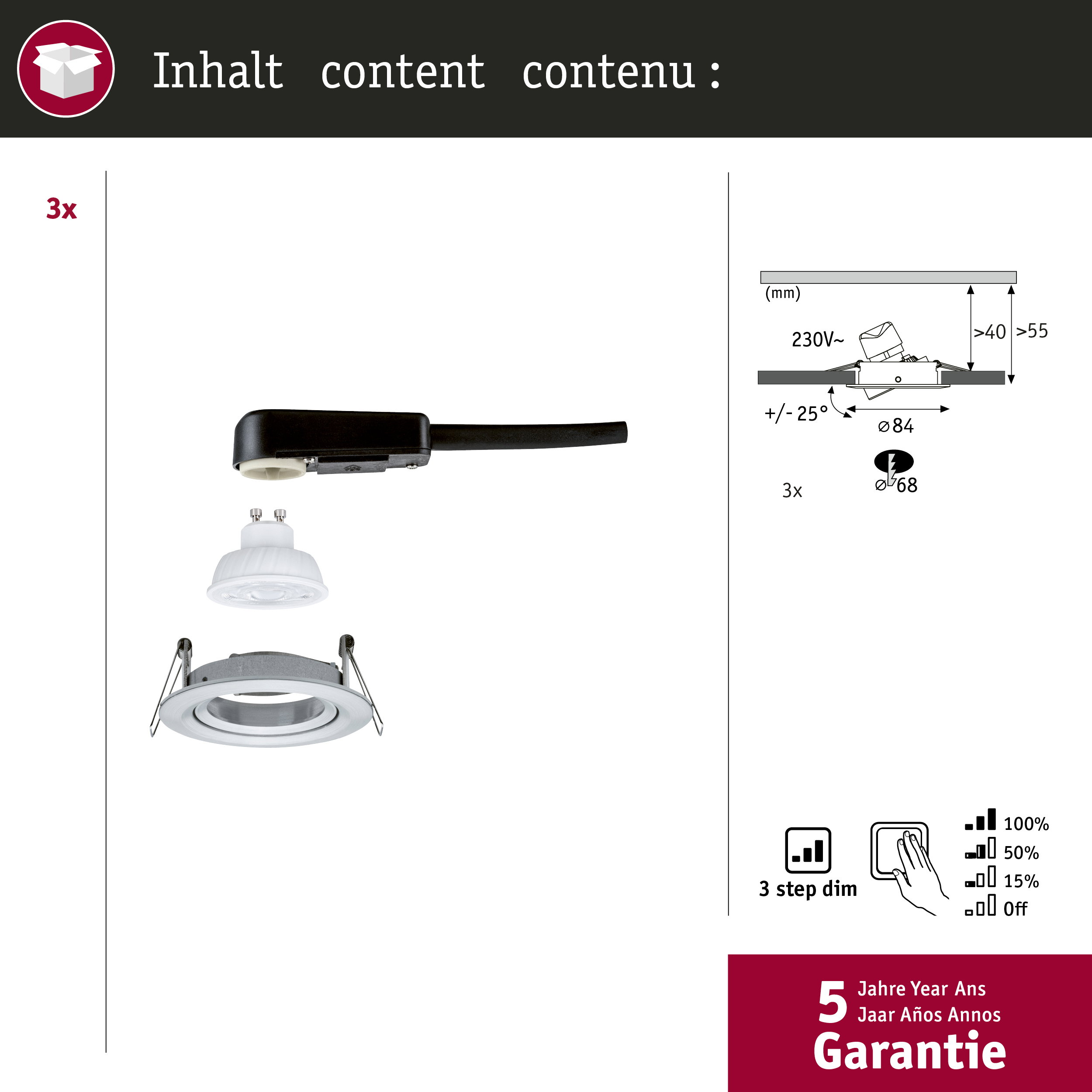 Lampa wpuszczana z 3 żarówkami, detale montażu i gwarancja.