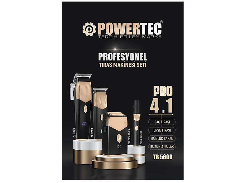 POWERTEC TR-5600 Pro 4'lü Şarj Standı ve Önlük Hediye Tıraş Makinesi Seti Siyah-Altın