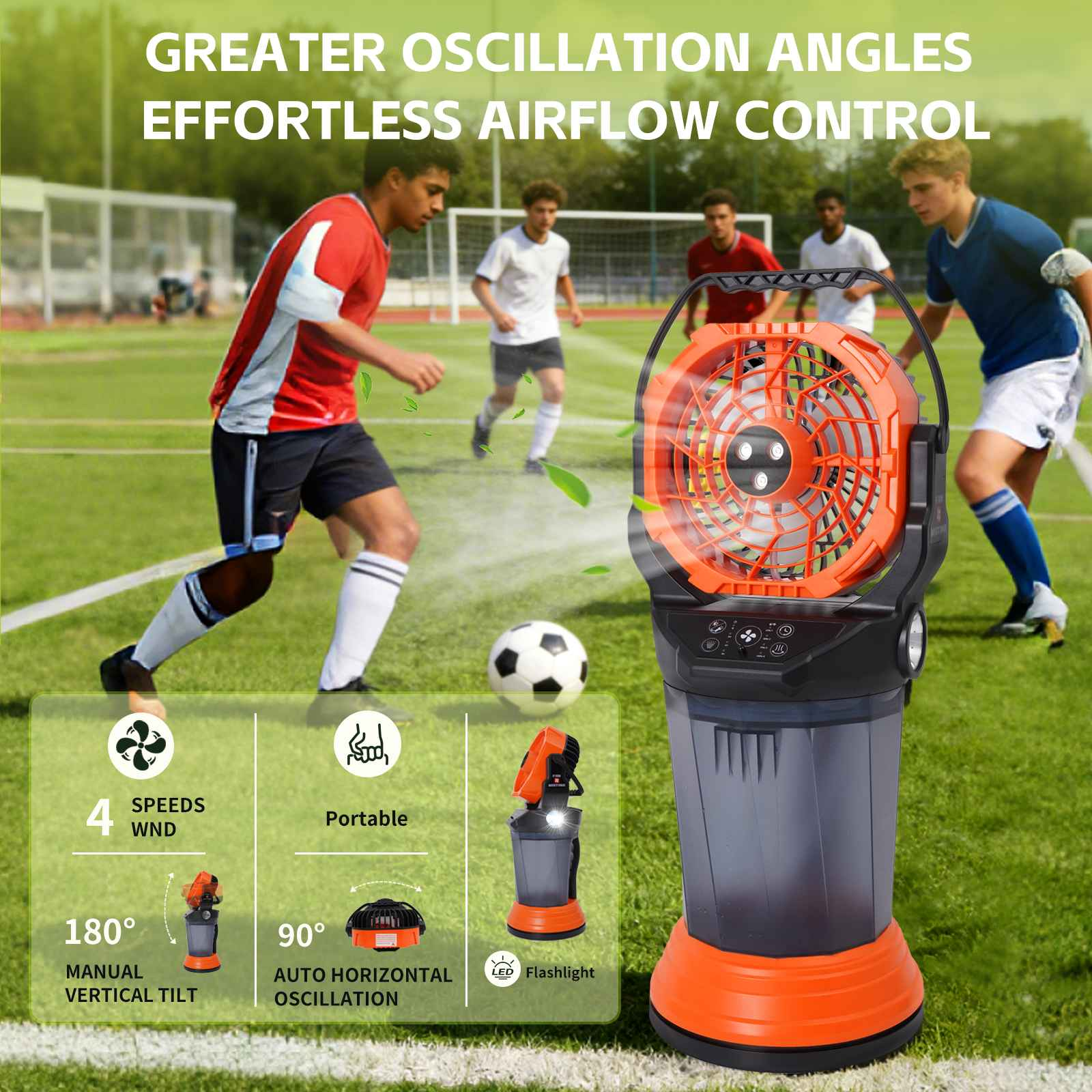 Orangefarbener Ventilator auf einem Fußballfeld mit spielenden Fußballern.