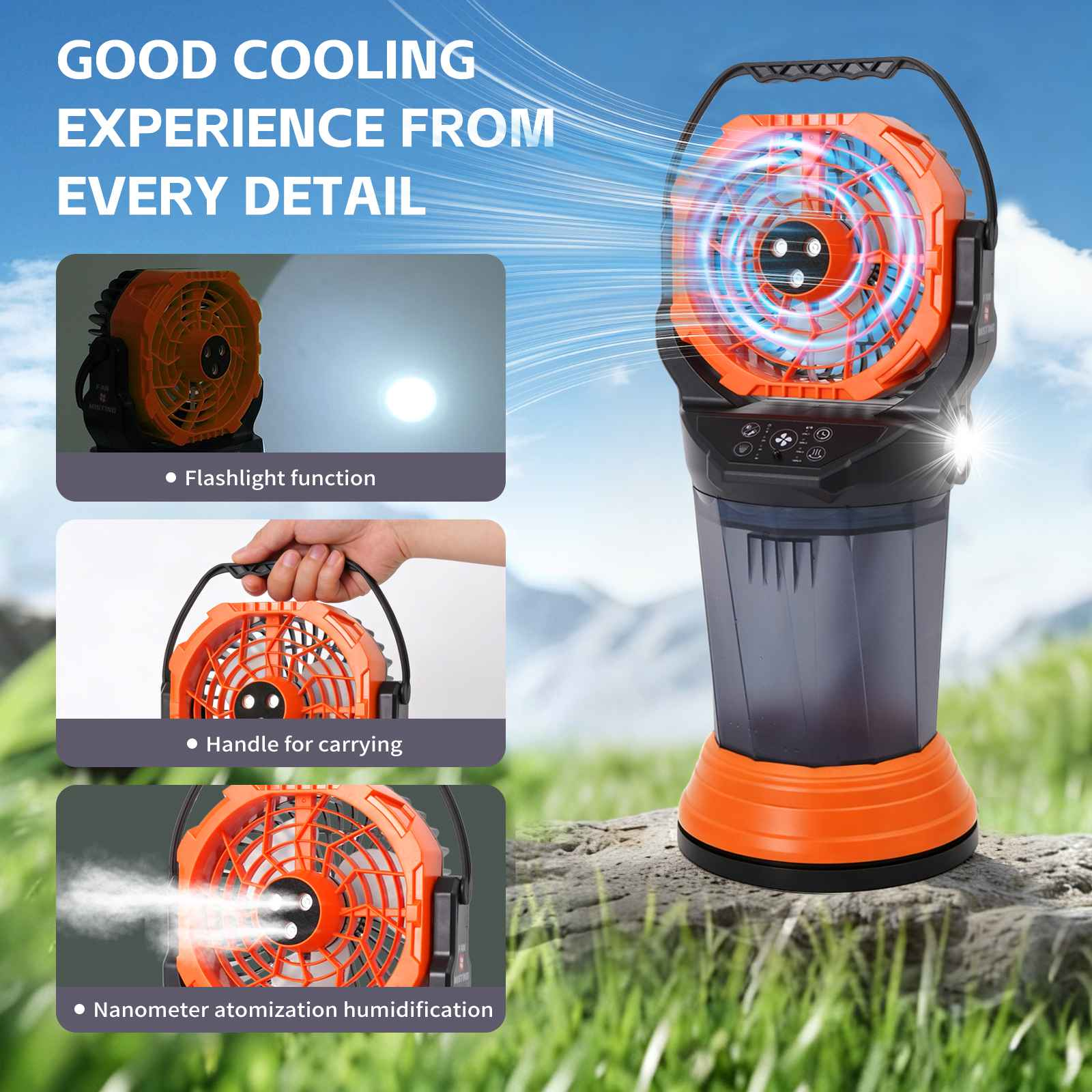 Ein tragbarer Lüfter mit Beleuchtung, Tragegriff und Vernebelungsfunktion.