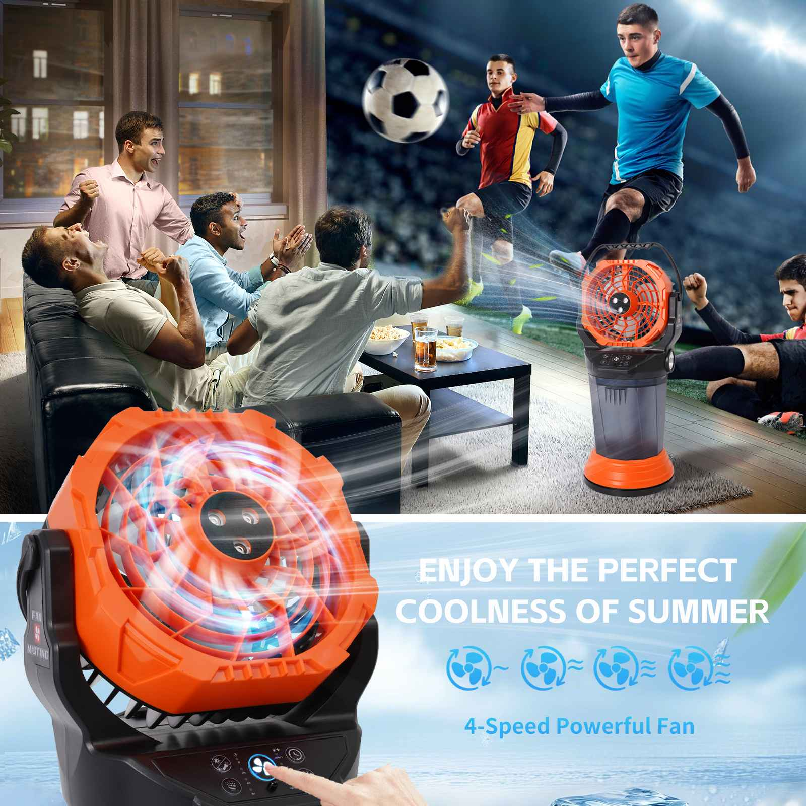 Ein orangefarbener Ventilator mit Nebelfunktion steht neben fußballspielenden Männern.