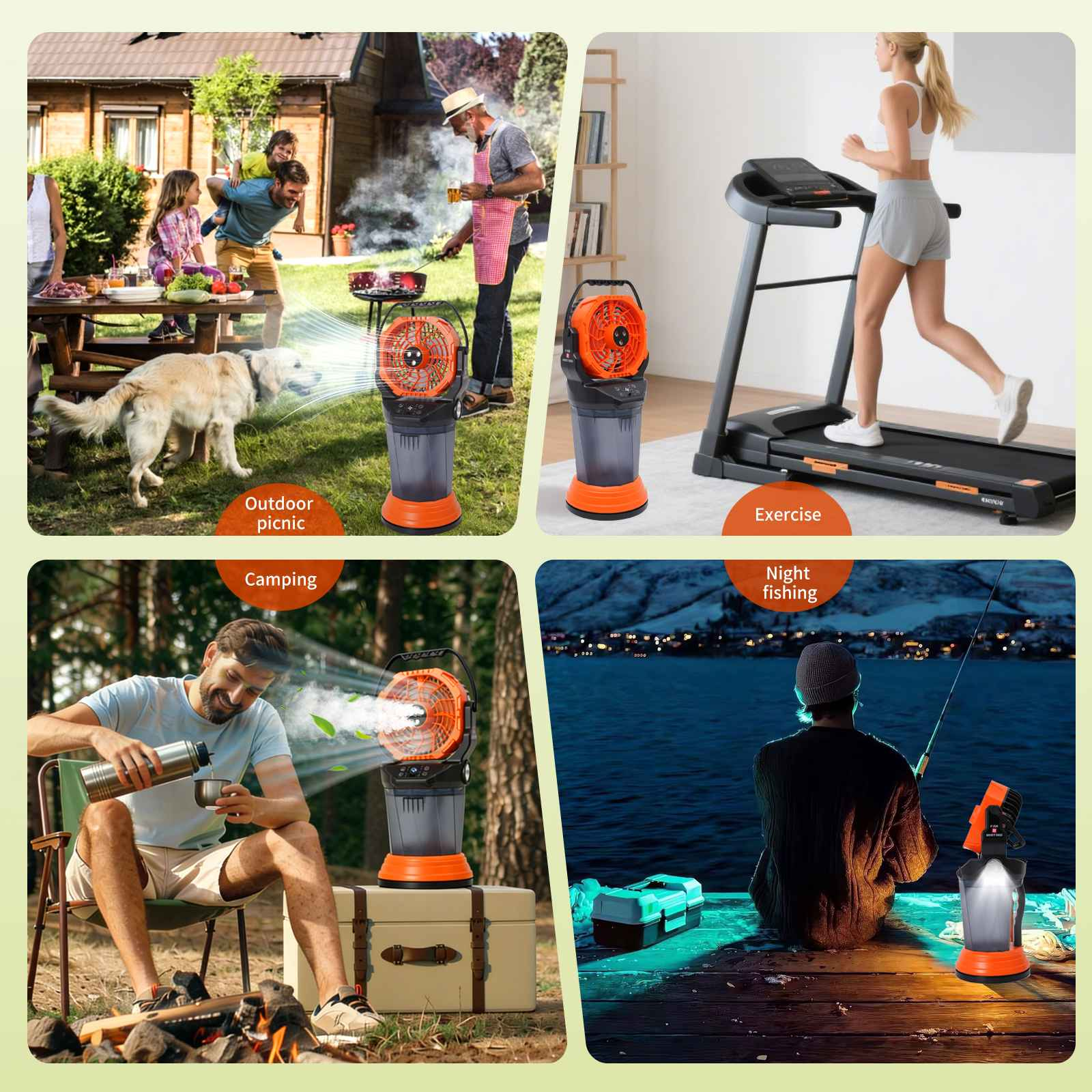 Vier Szenen: Picknick, Sport, Camping und Angeln mit einem Ventilator.