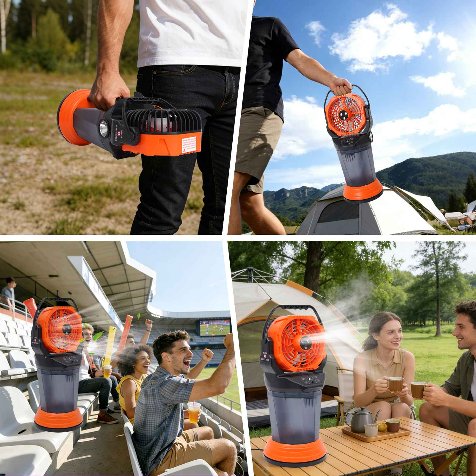 Ein tragbarer Ventilator mit Nebelfunktion im Freien.