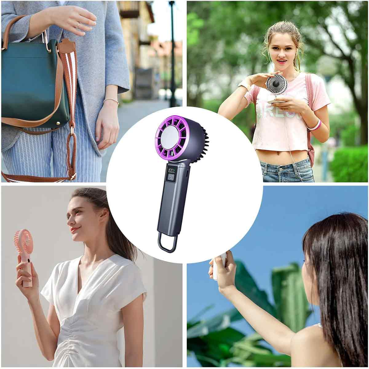 Collage zeigt Frauen mit Handventilatoren und einem zentralen Bild eines Lüfters.