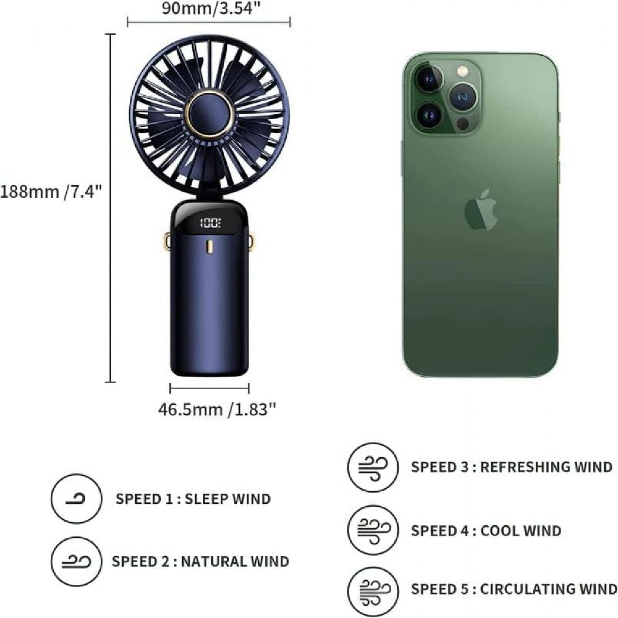Ein blauer Handventilator und ein grünes Smartphone nebeneinander. Maße sind angegeben.