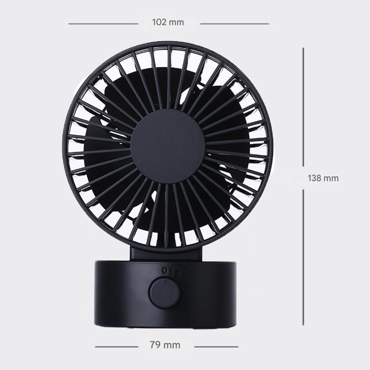 Ein schwarzer kleiner Ventilator mit einem runden Gitter und Bedienelementen auf dem Sockel.