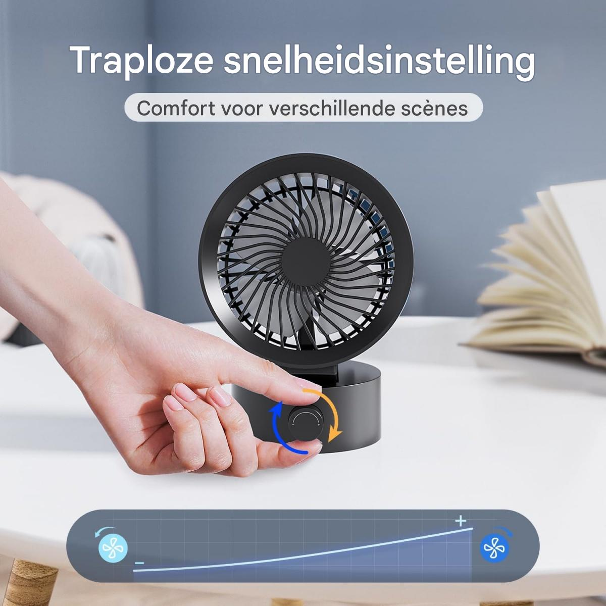 Eine Hand dreht einen Knopf an einem schwarzen Ventilator, um die Geschwindigkeit einzustellen.