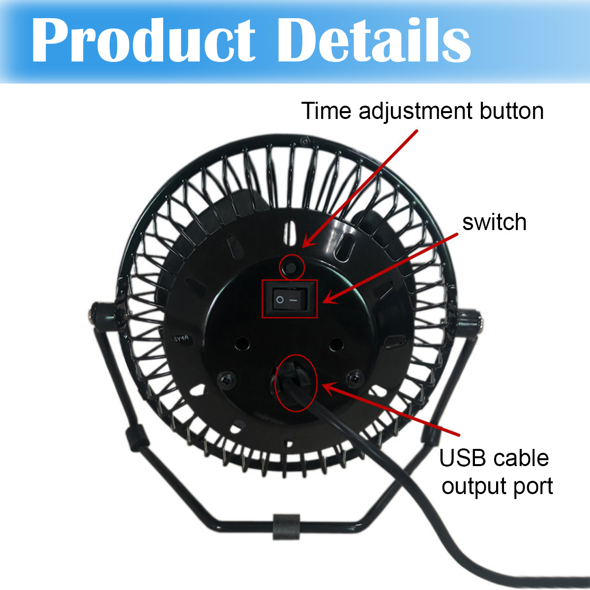 Rückseite eines schwarzen USB-Lüfters mit Schalter, Zeiteinstellknopf und USB-Anschluss.