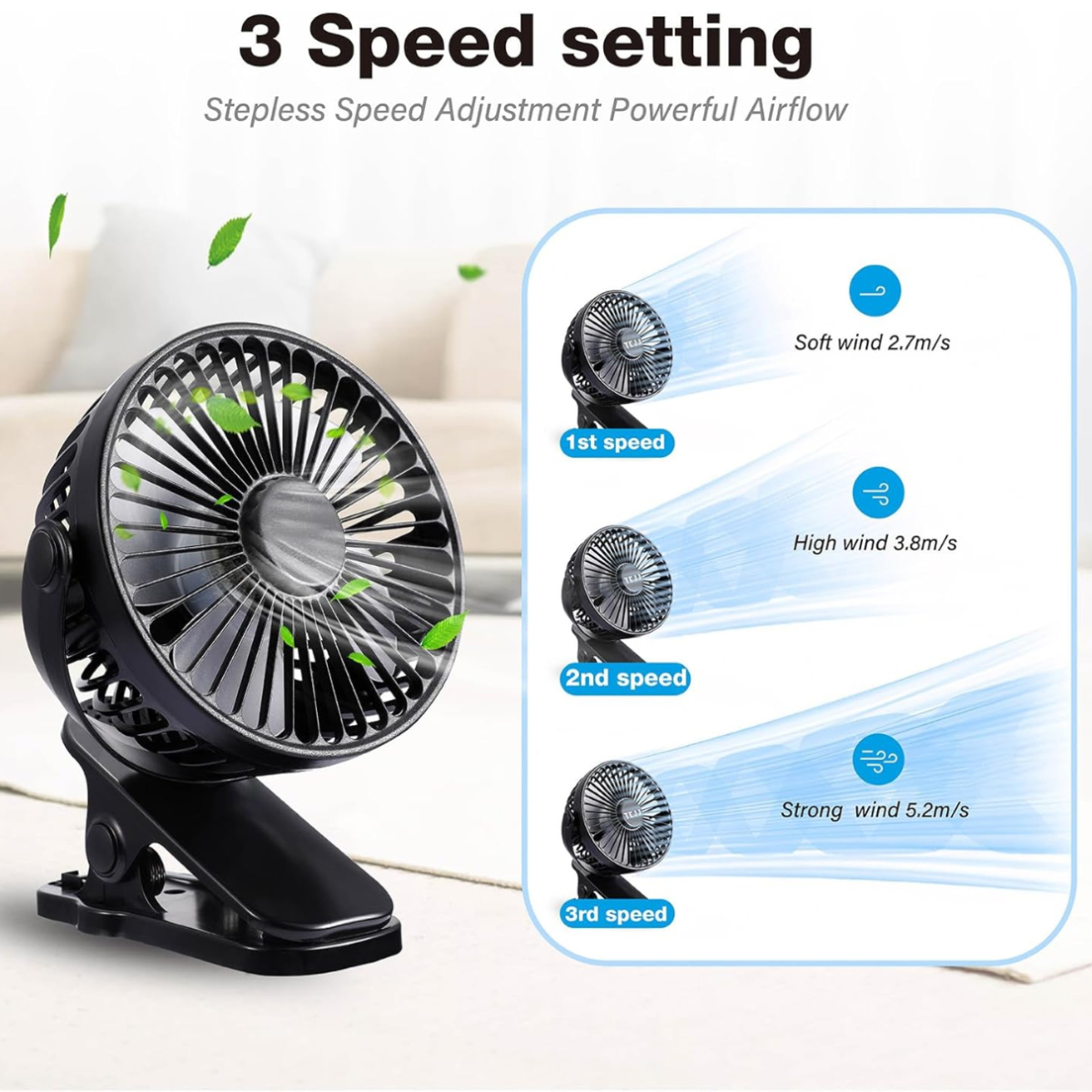 Ein schwarzer Clip-Ventilator mit 3 Geschwindigkeitsstufen: sanft, hoch und stark.