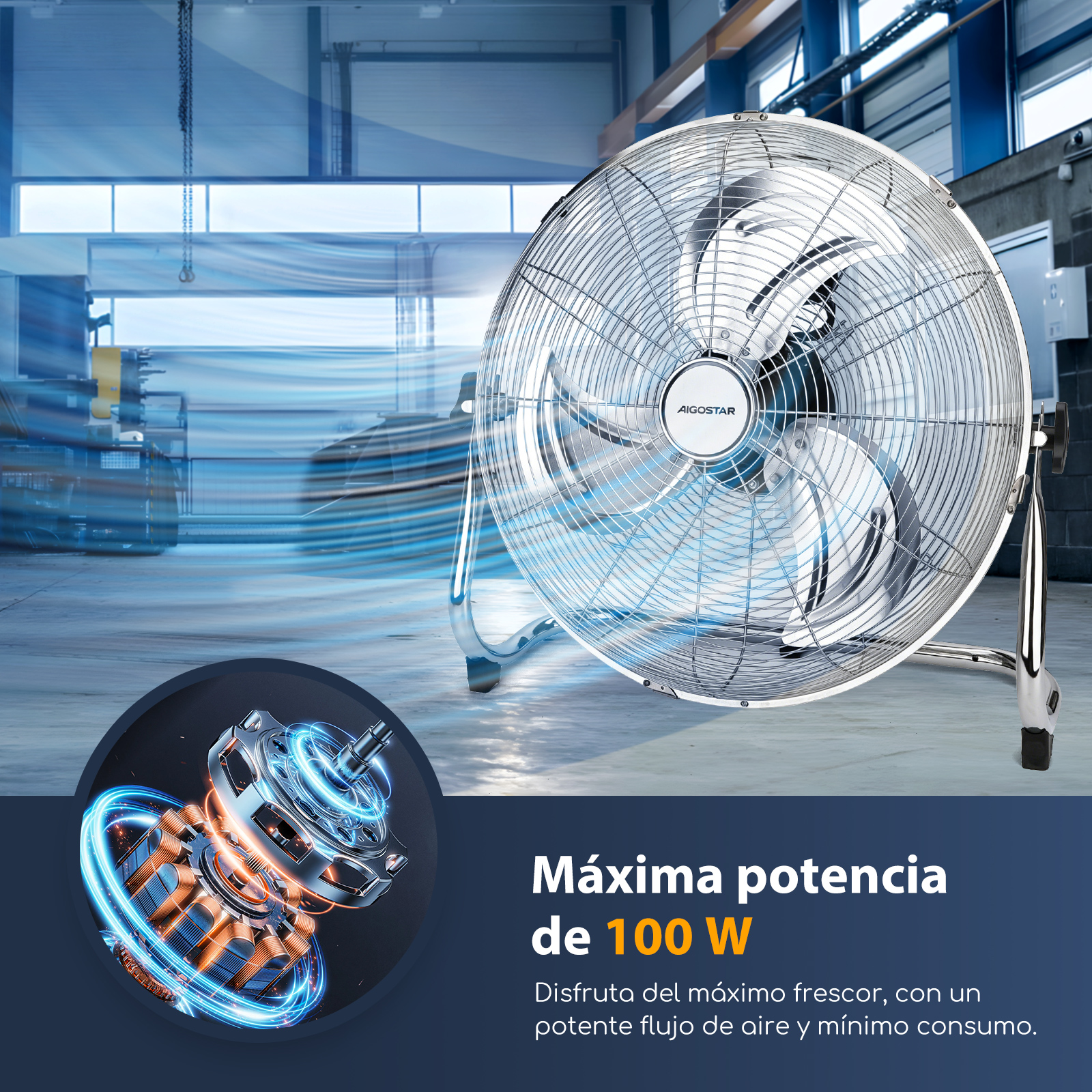 Un ventilador plateado de 100W en un entorno industrial.