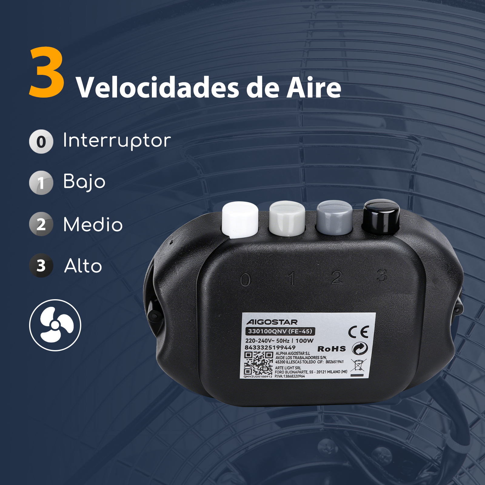 Un panel de control de ventilador negro con 4 perillas (blanca, gris, gris, negra) y opciones de velocidad.