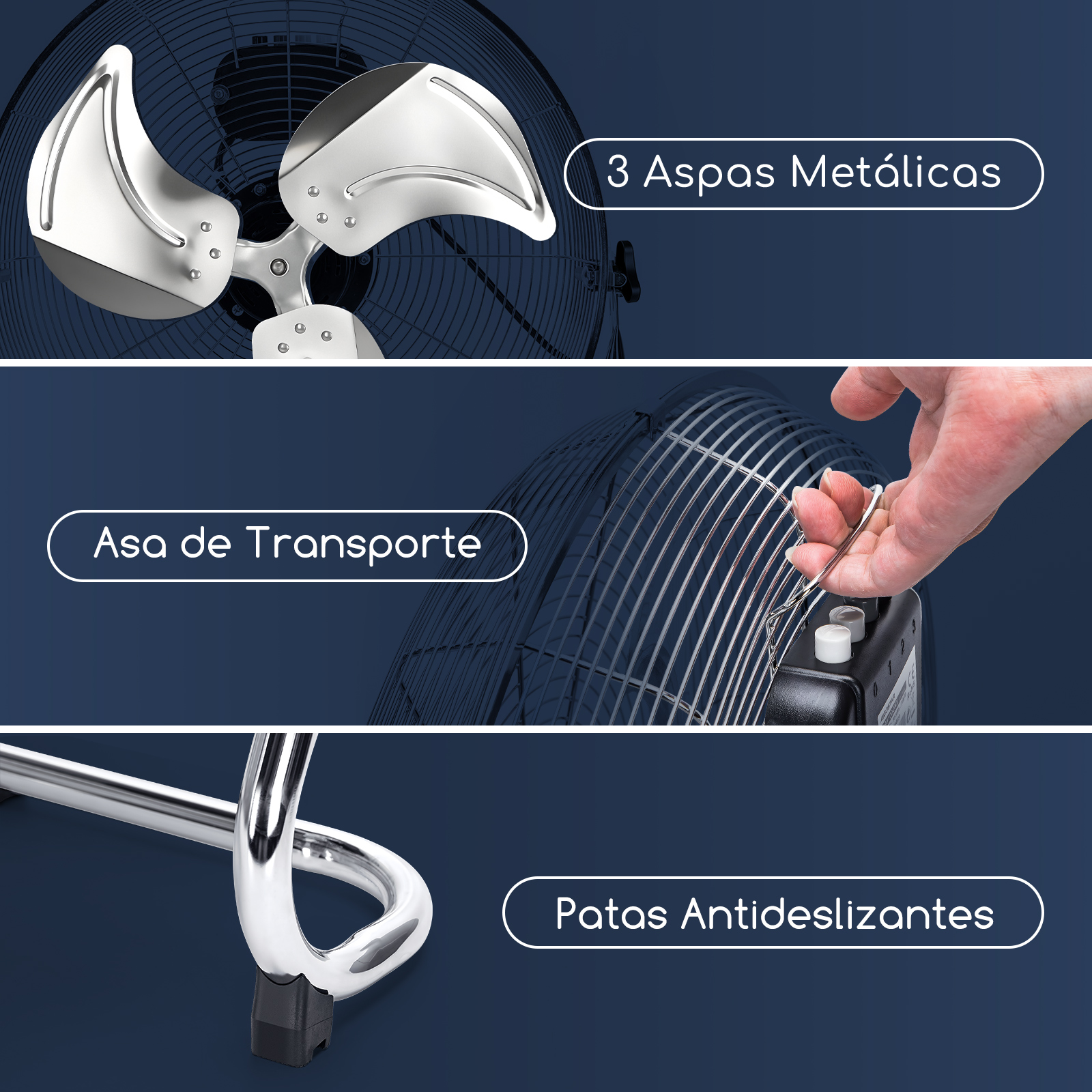 Primer plano de un ventilador con tres aspas metálicas, asa de transporte y pies antideslizantes.