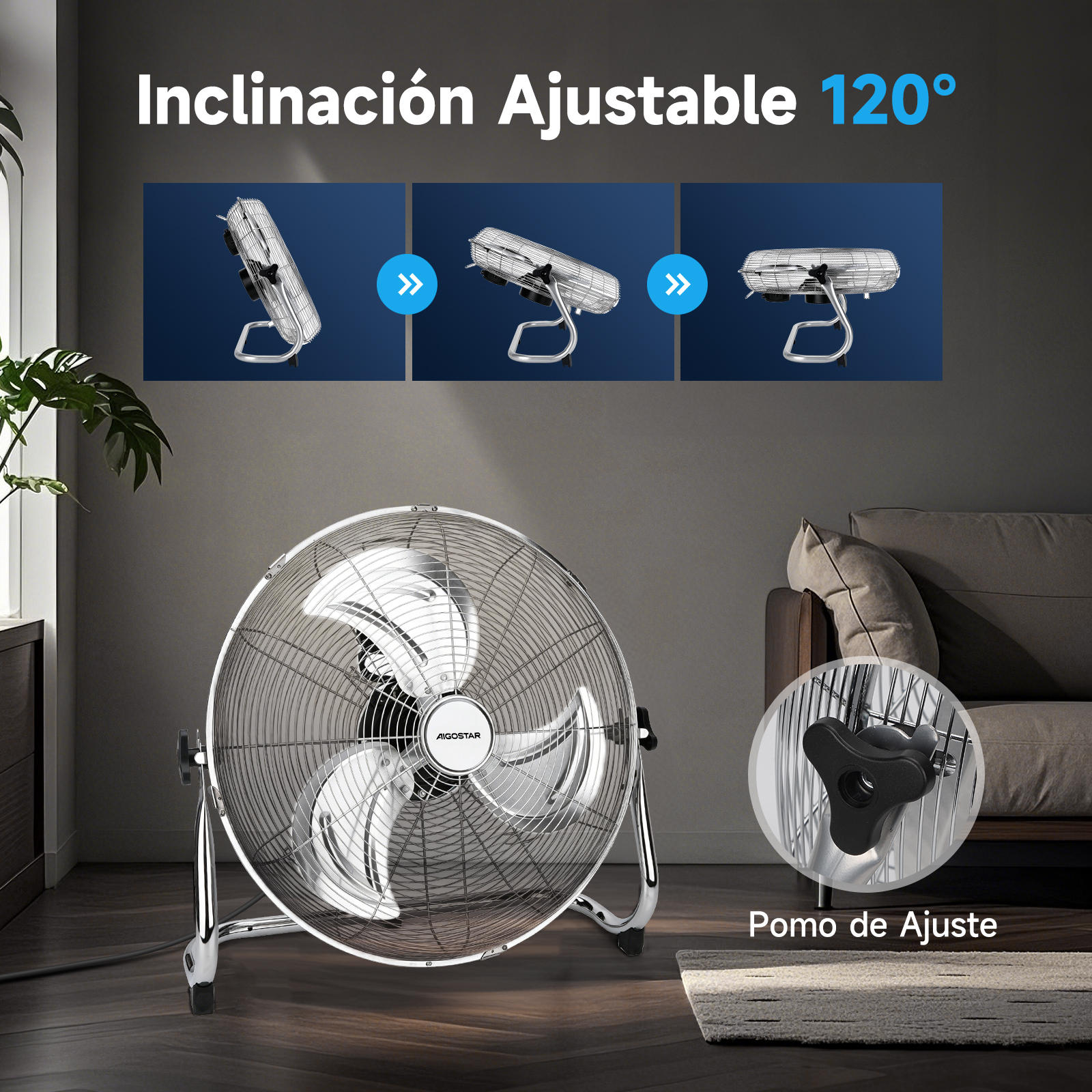 Ventilador plateado de suelo con inclinación ajustable de 120 grados.