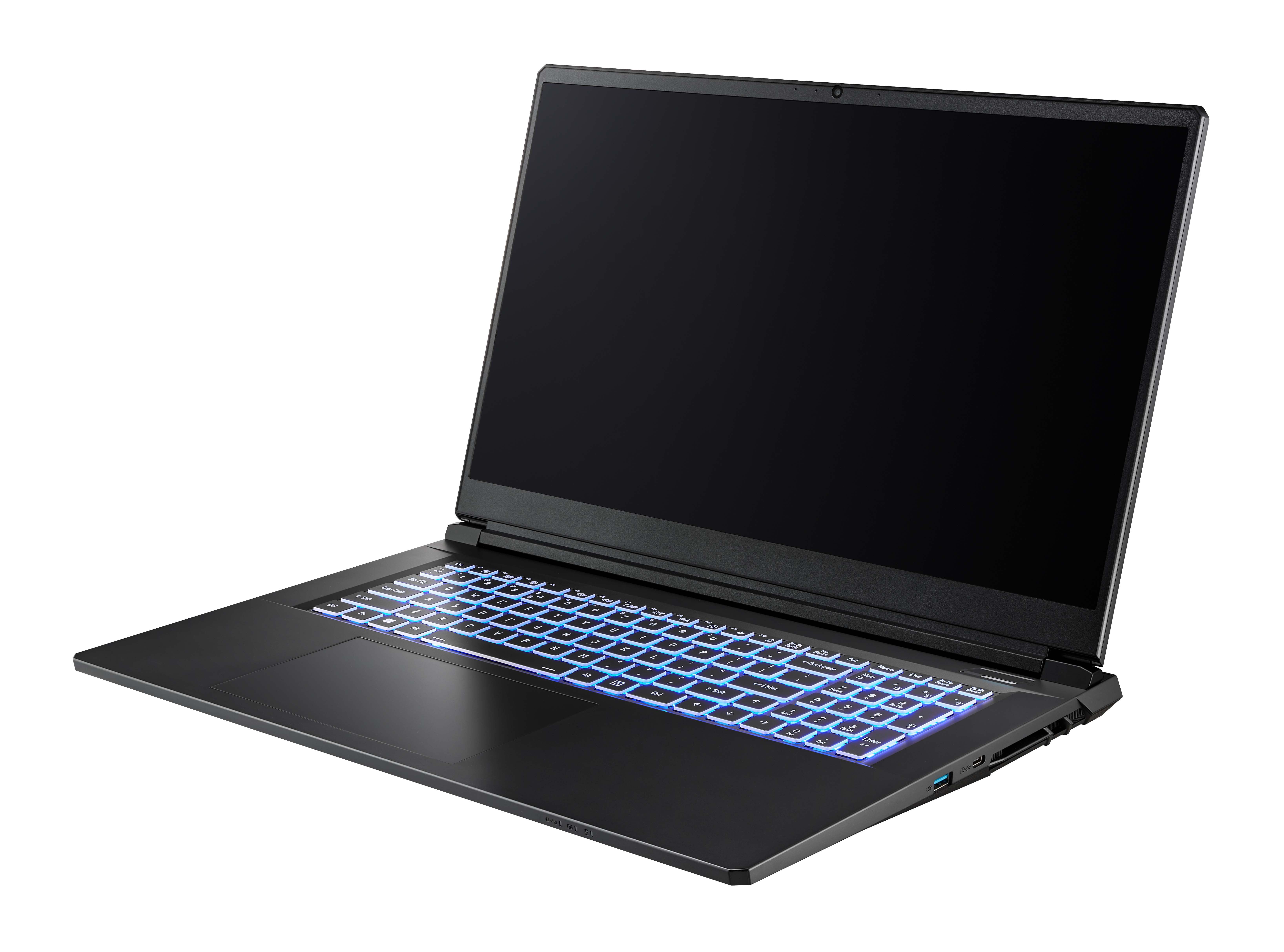 Ein schwarzer Laptop mit beleuchteter blauer Tastatur, nach links geneigt.