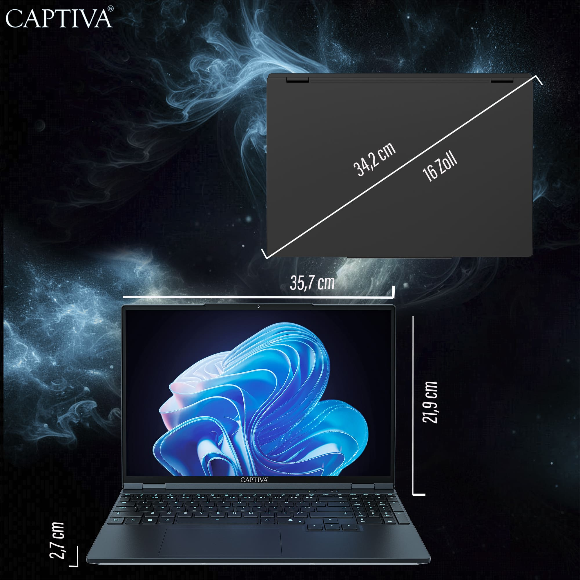 Ein geschlossener und ein geöffneter schwarzer Laptop mit Maßen.