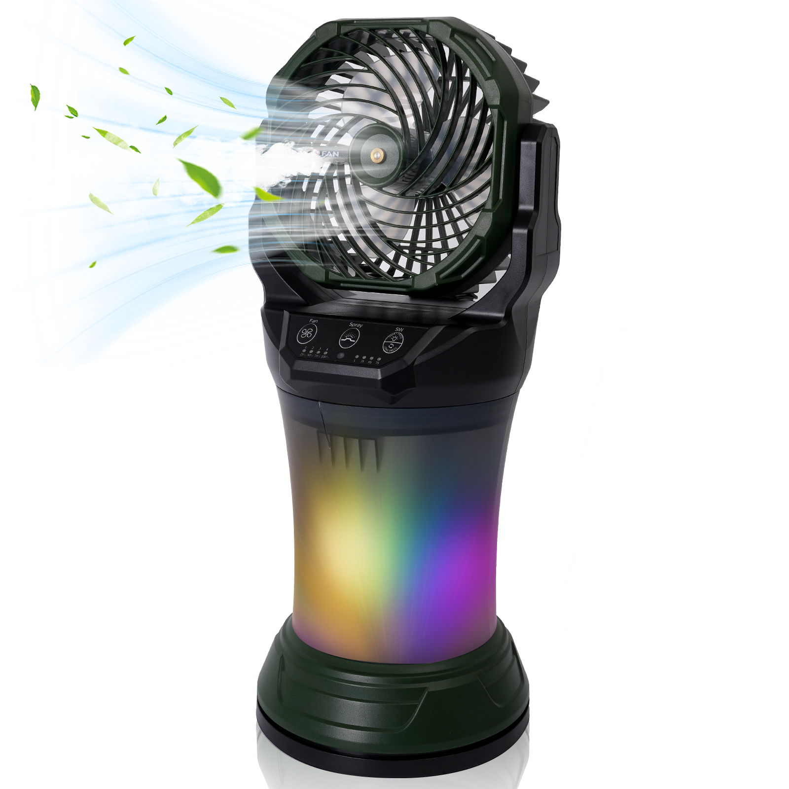 Ein tragbarer Lüfter mit Farbwechsel-LED-Basis, der Luft und Blätter ausbläst.
