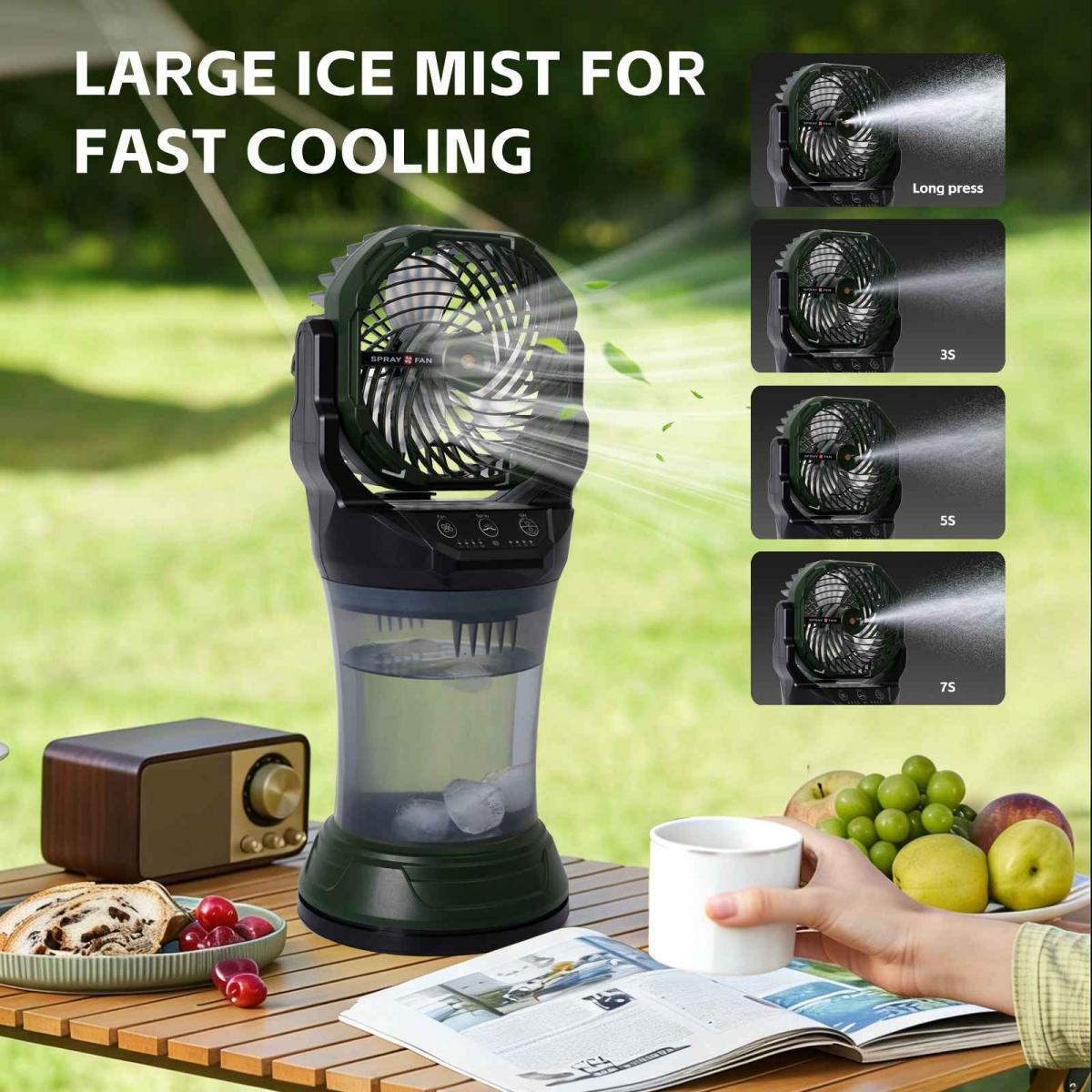 Tragbarer Ventilator mit Eisnebel für schnelle Kühlung, mit Früchten und Buch.