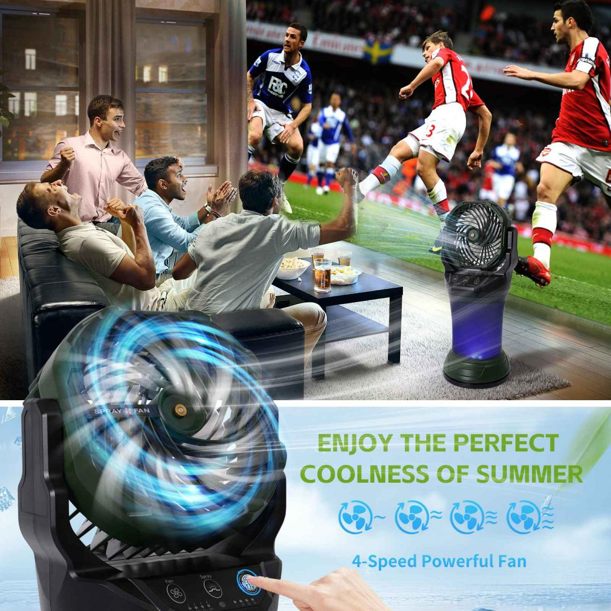 Fans sehen Fußball, ein Ventilator kühlt.