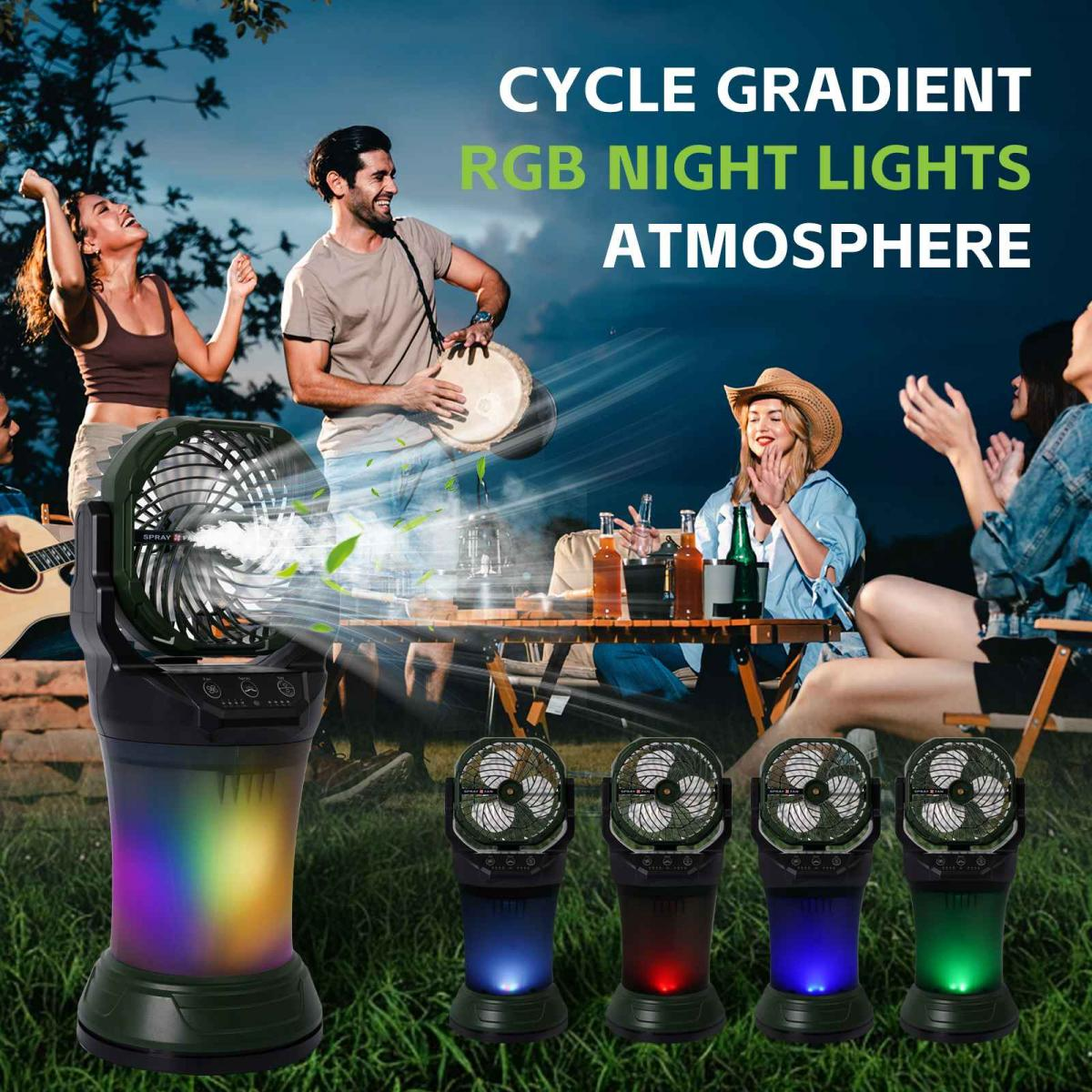 Leute campen mit einem Fan, der RGB-Lichter hat.