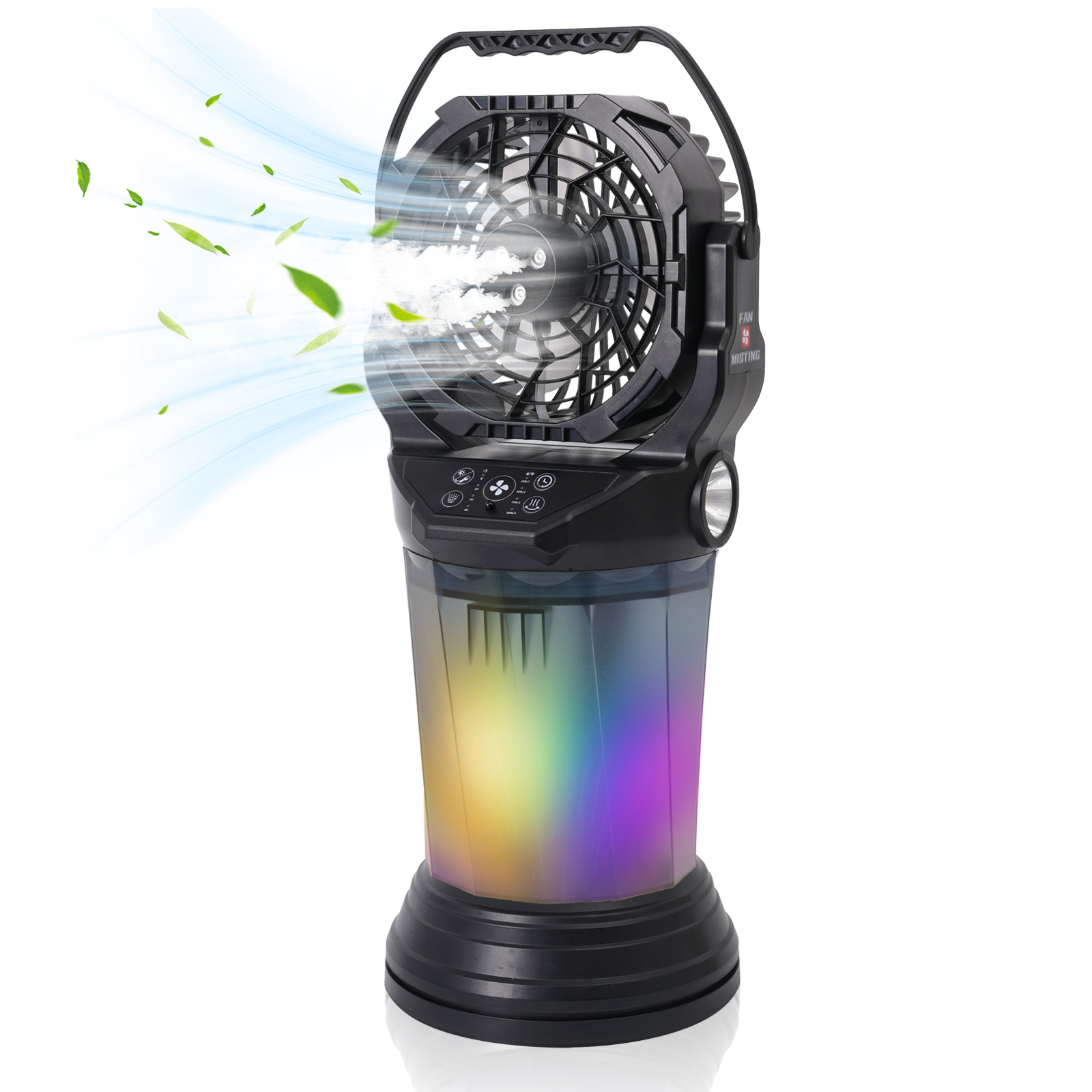 Ein tragbarer Ventilator mit Nebelfunktion und bunten Lichtern.