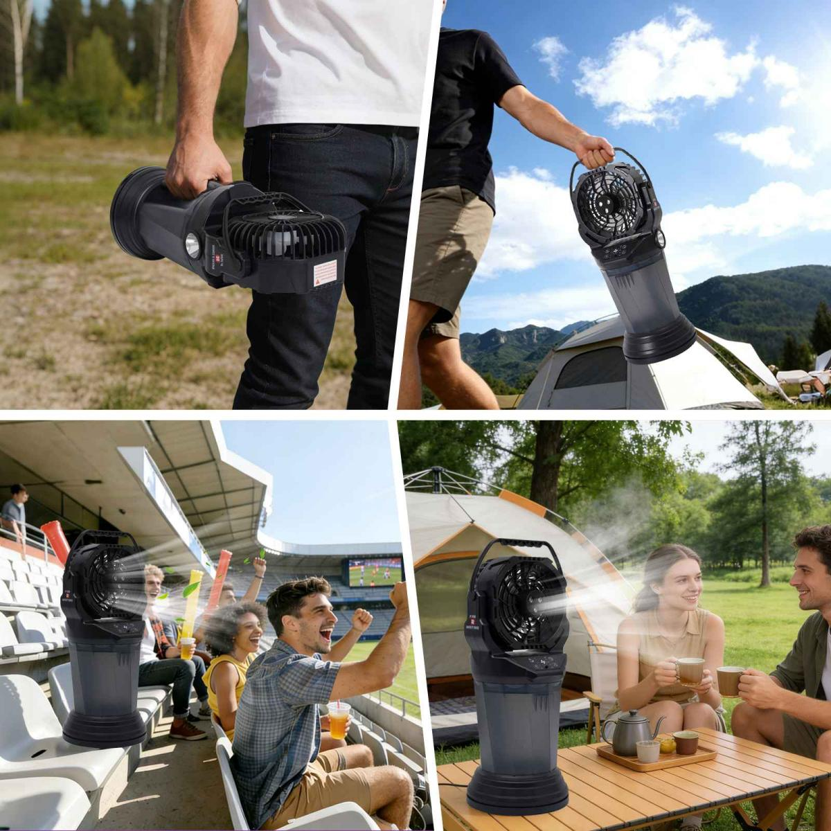 Ein tragbarer Ventilator mit Nebel sprüht in verschiedenen Outdoor-Szenarien.