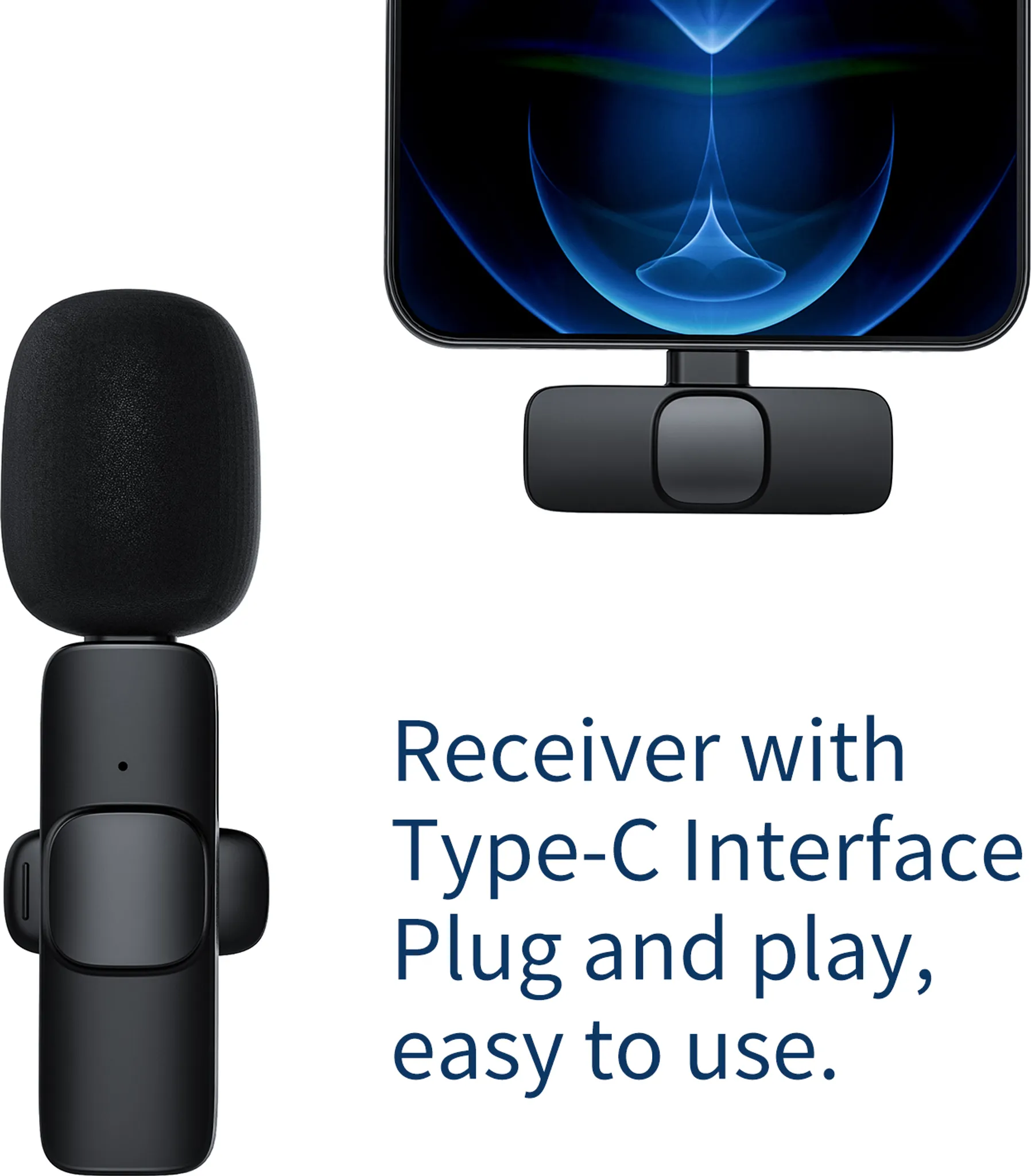 Schwarzes Mikrofon und ein schwarzer USB-C-Empfänger vor einem Handy.