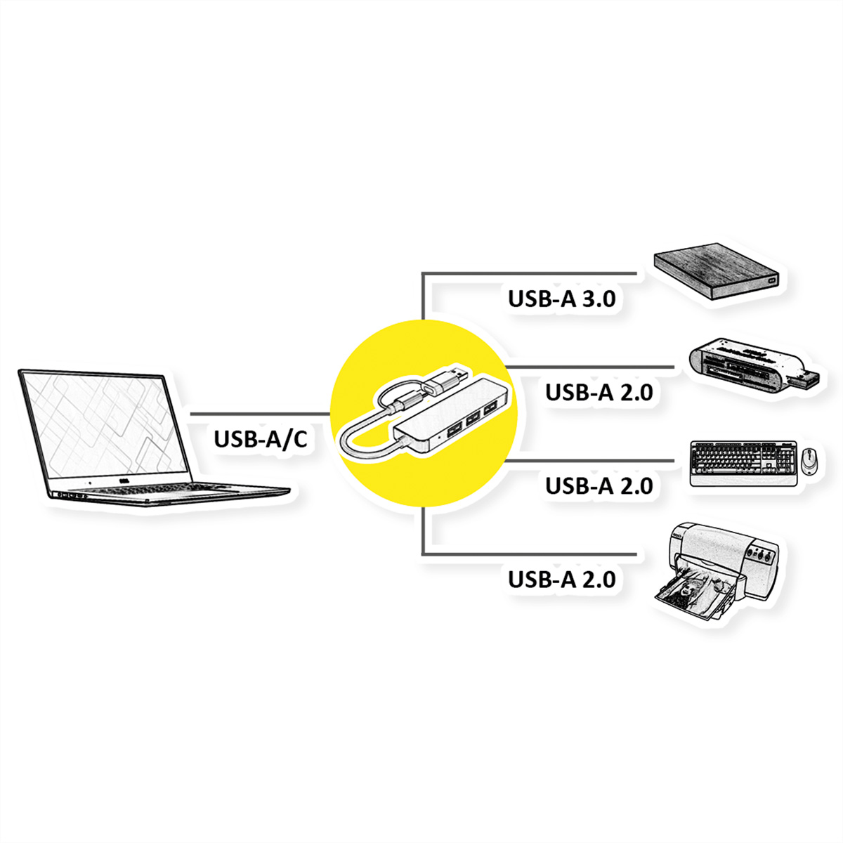 Laptop mit USB-C-Anschluss verbunden mit einem Hub, der Peripheriegeräte speist.