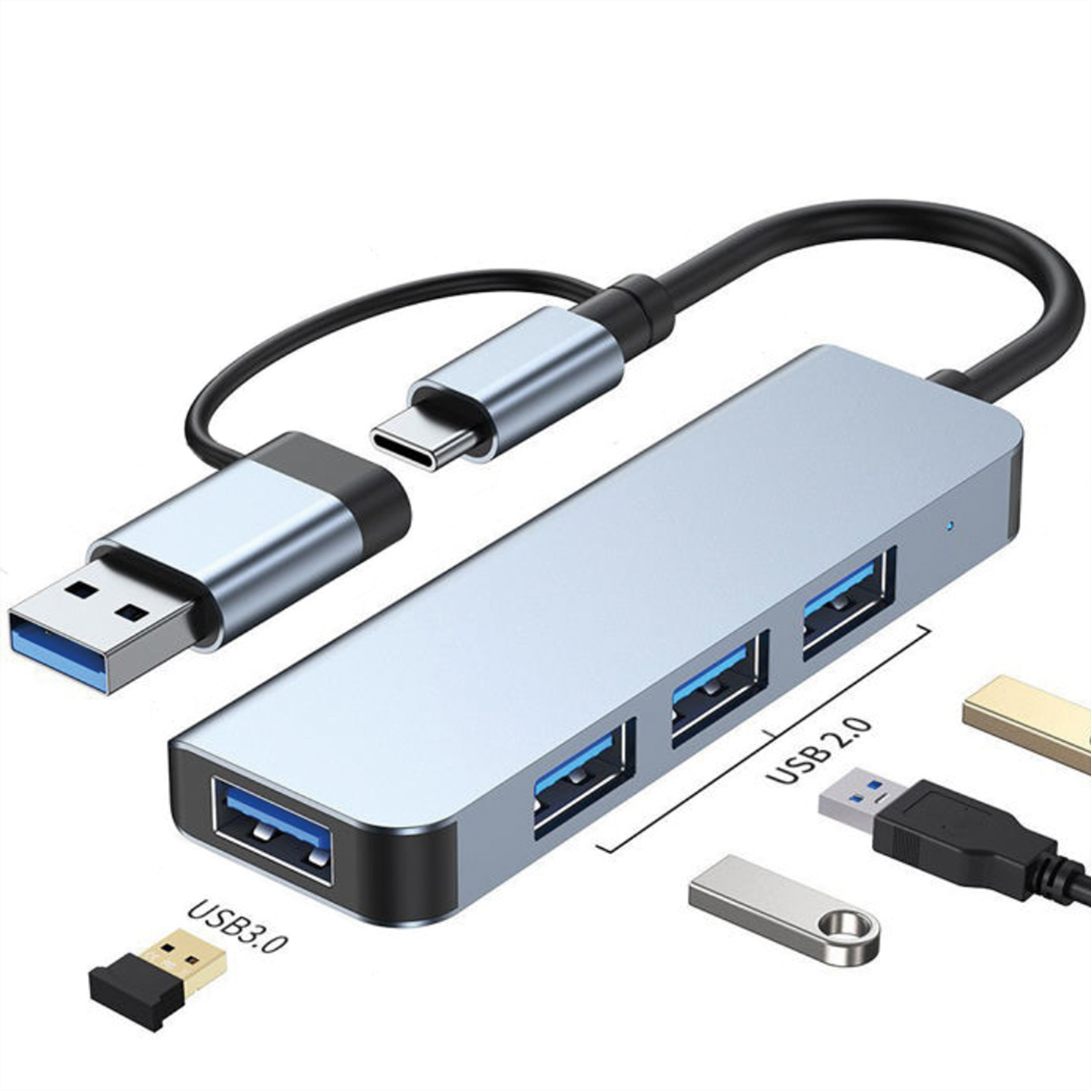 Silberner USB-Hub mit USB-A-, USB-C- und USB-2.0-Anschlüssen. Inklusive Kabel.