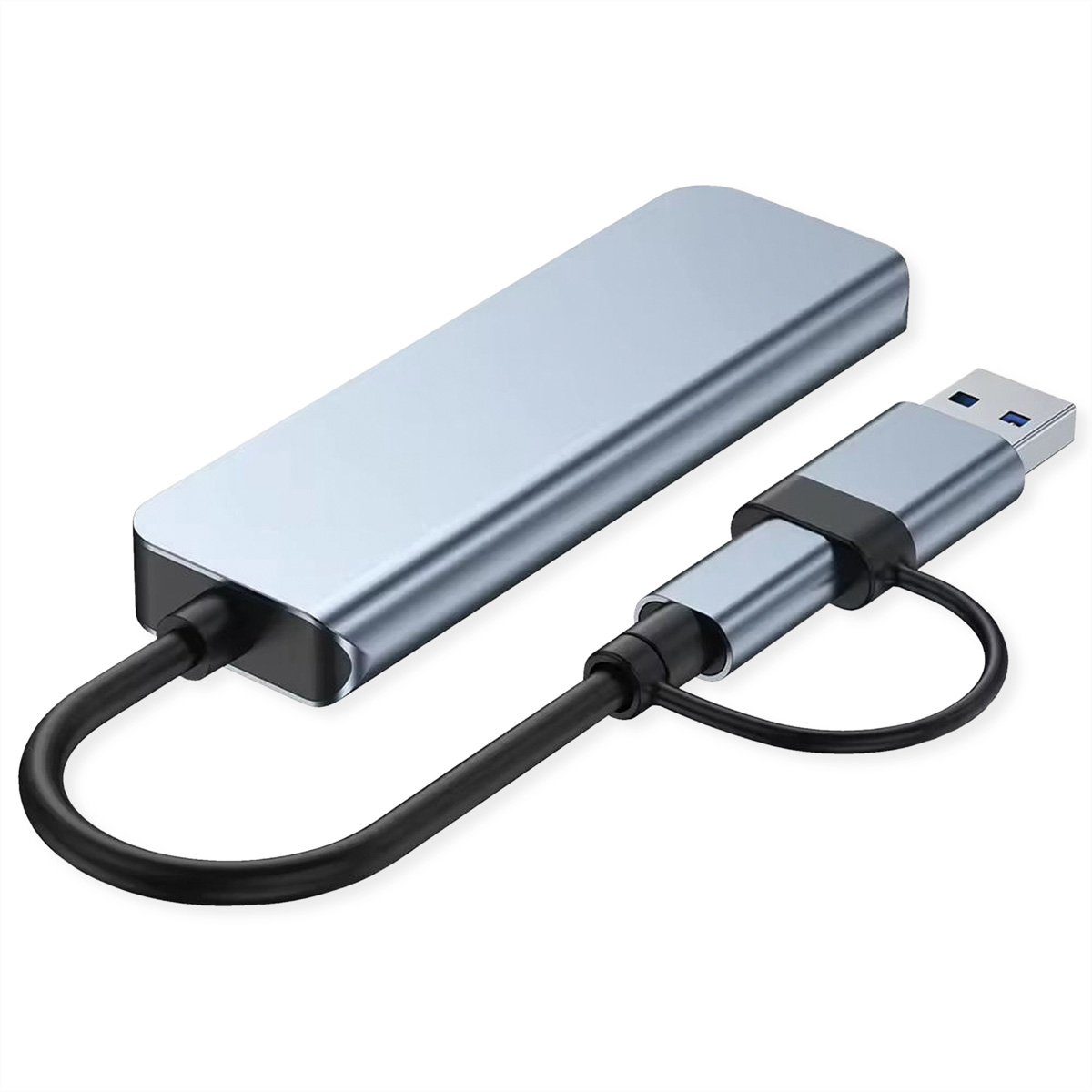 Ein silberner USB-C-Hub mit Kabel und USB-A-Anschluss auf weißem Hintergrund.
