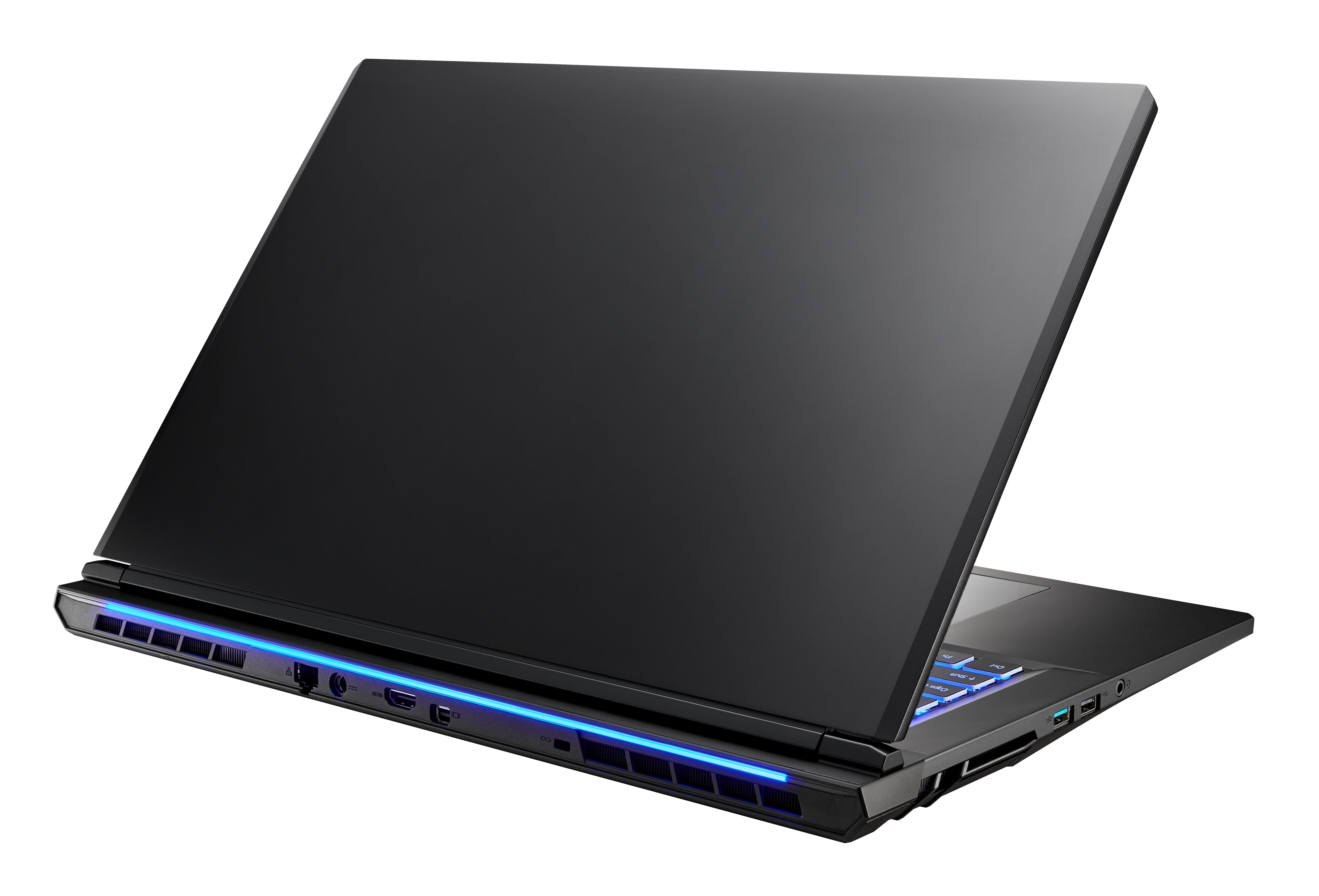 Schwarzer Laptop mit blauen LED-Akzenten, Ansicht von hinten links.