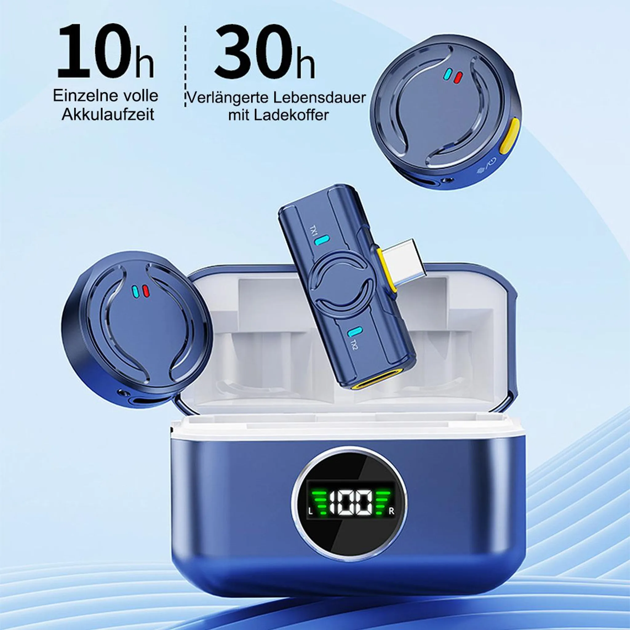 Blaue Ohrhörer mit Ladecase. 10h Akku, 30h mit Ladecase.