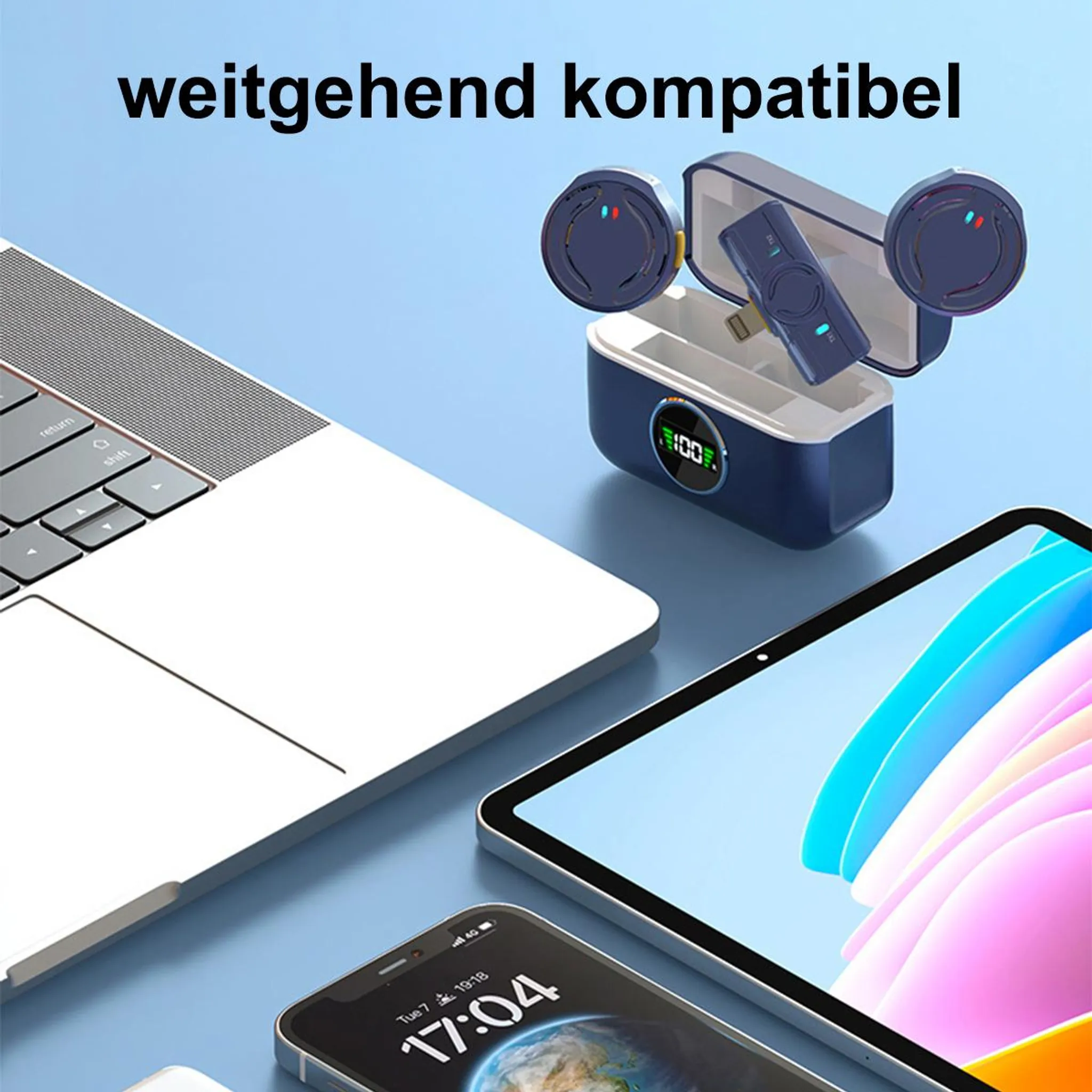 Ein Laptop, Tablet und Smartphone liegen neben einem Ladecase mit Kopfhörern.
