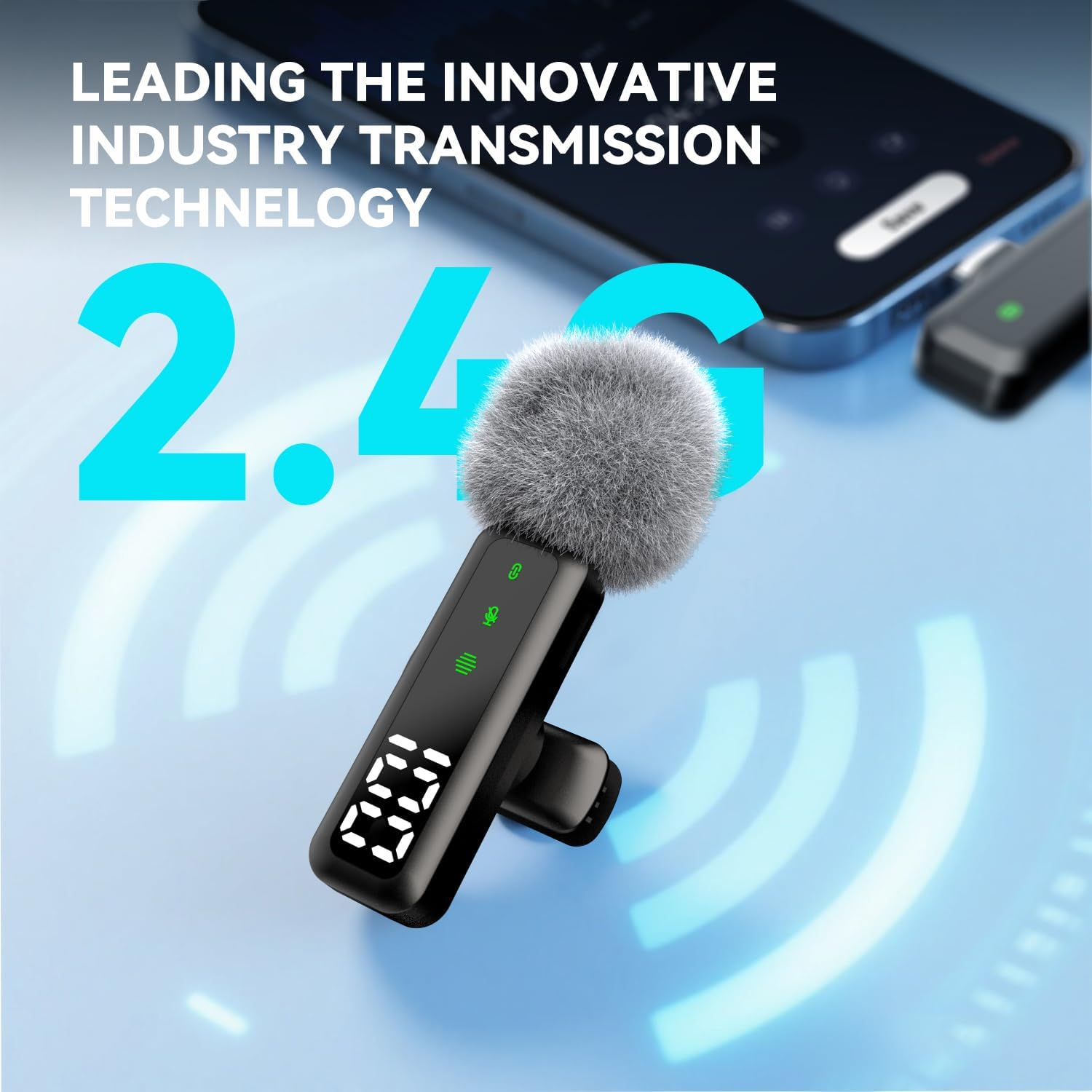 Ein drahtloser Mikrofon mit Windschutz, Display und Telefon.