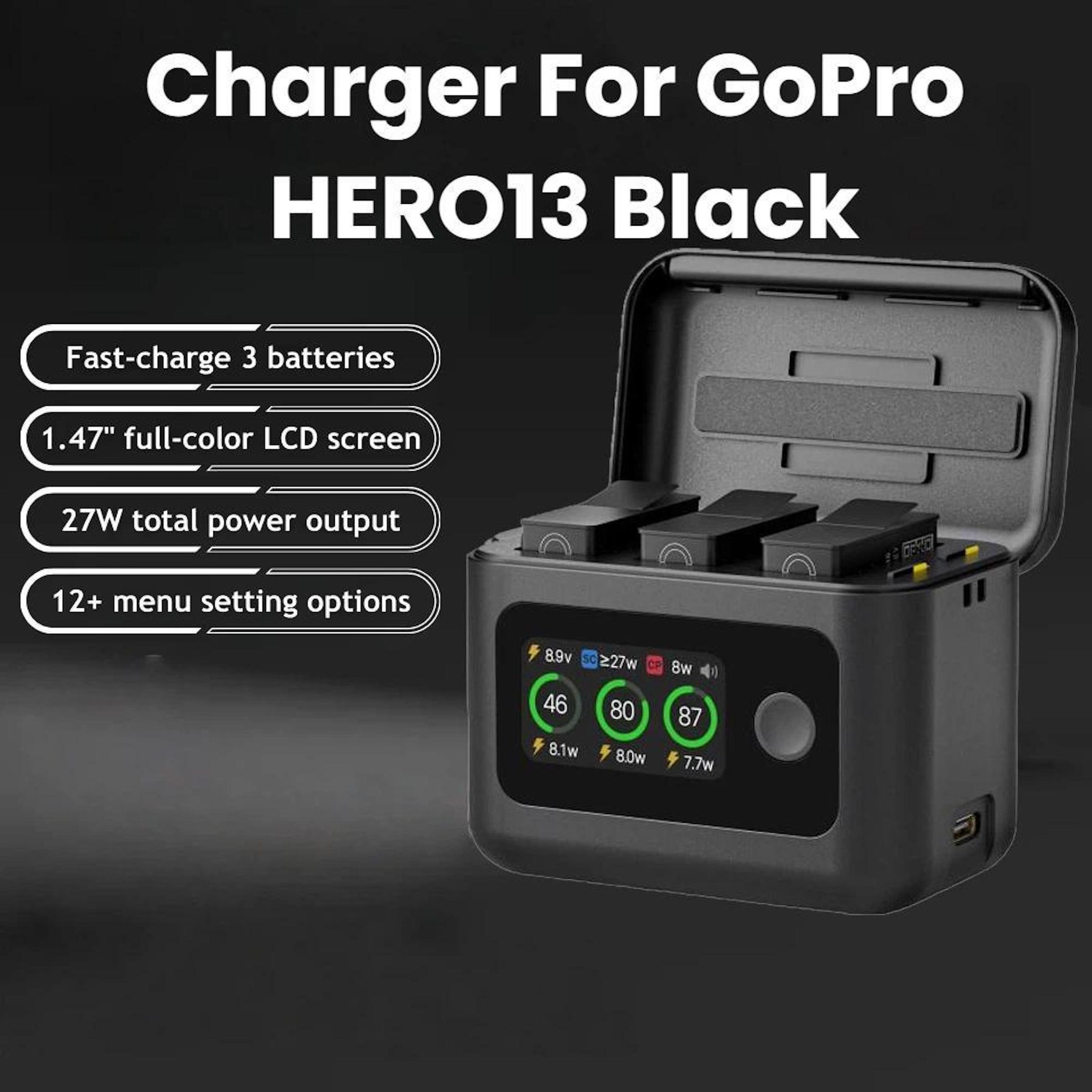 Caricatore GoPro HERO13 Black con 3 batterie, LCD e potenza 27W.