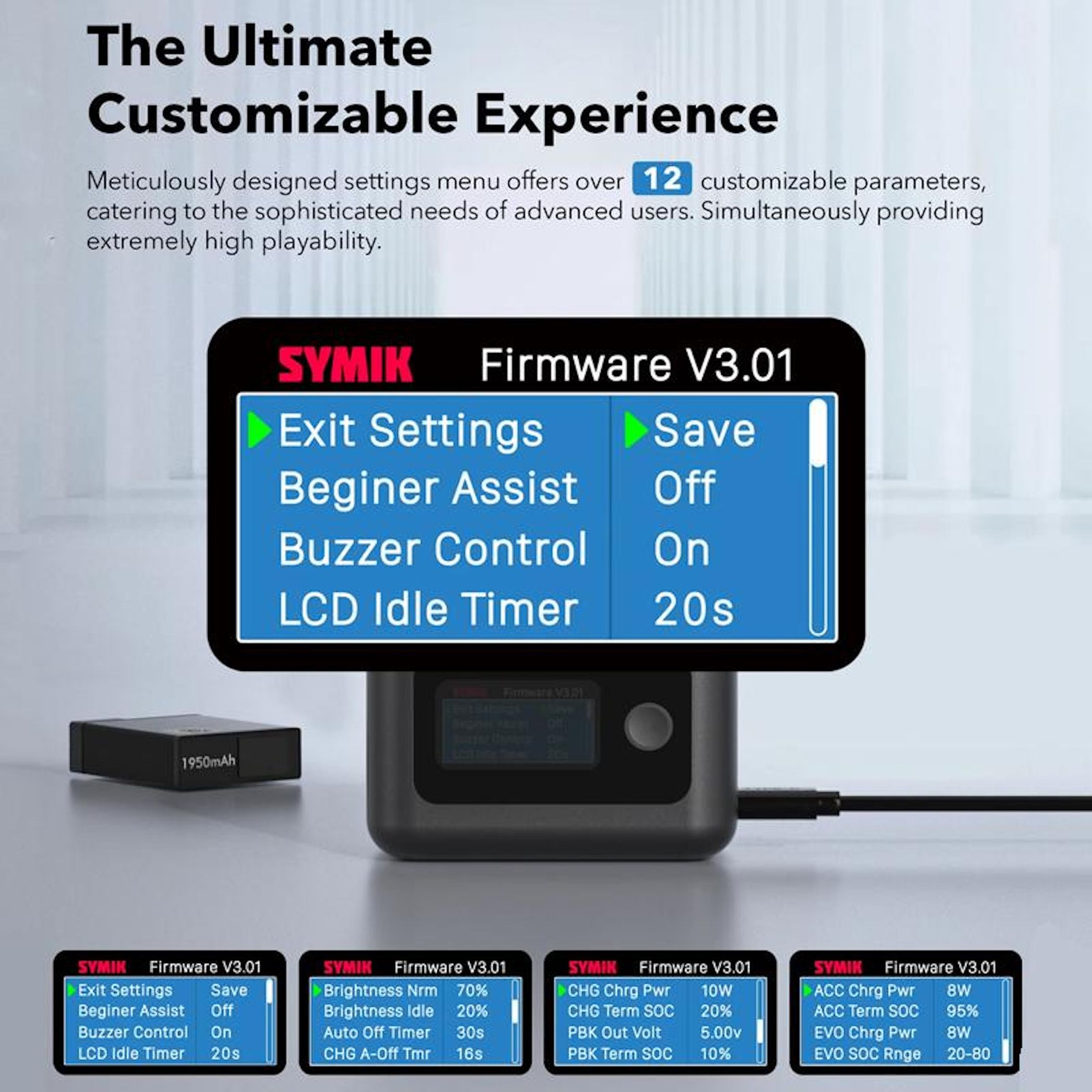 Un caricabatterie con schermo che mostra il menu 'Firmware V3.01'.
