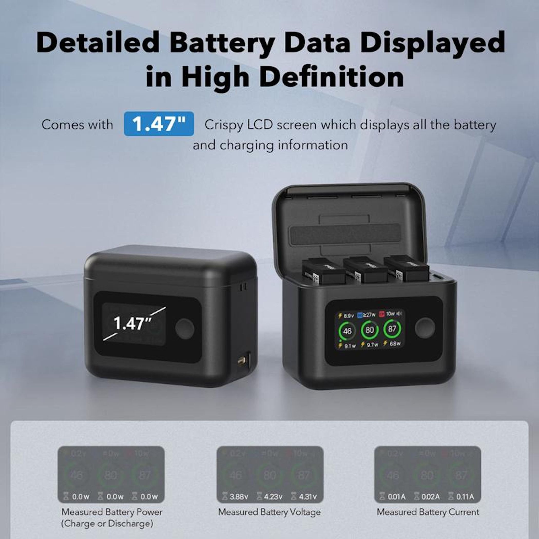 Due caricatori neri con schermi LCD da 1,47 pollici che mostrano informazioni sulla batteria.