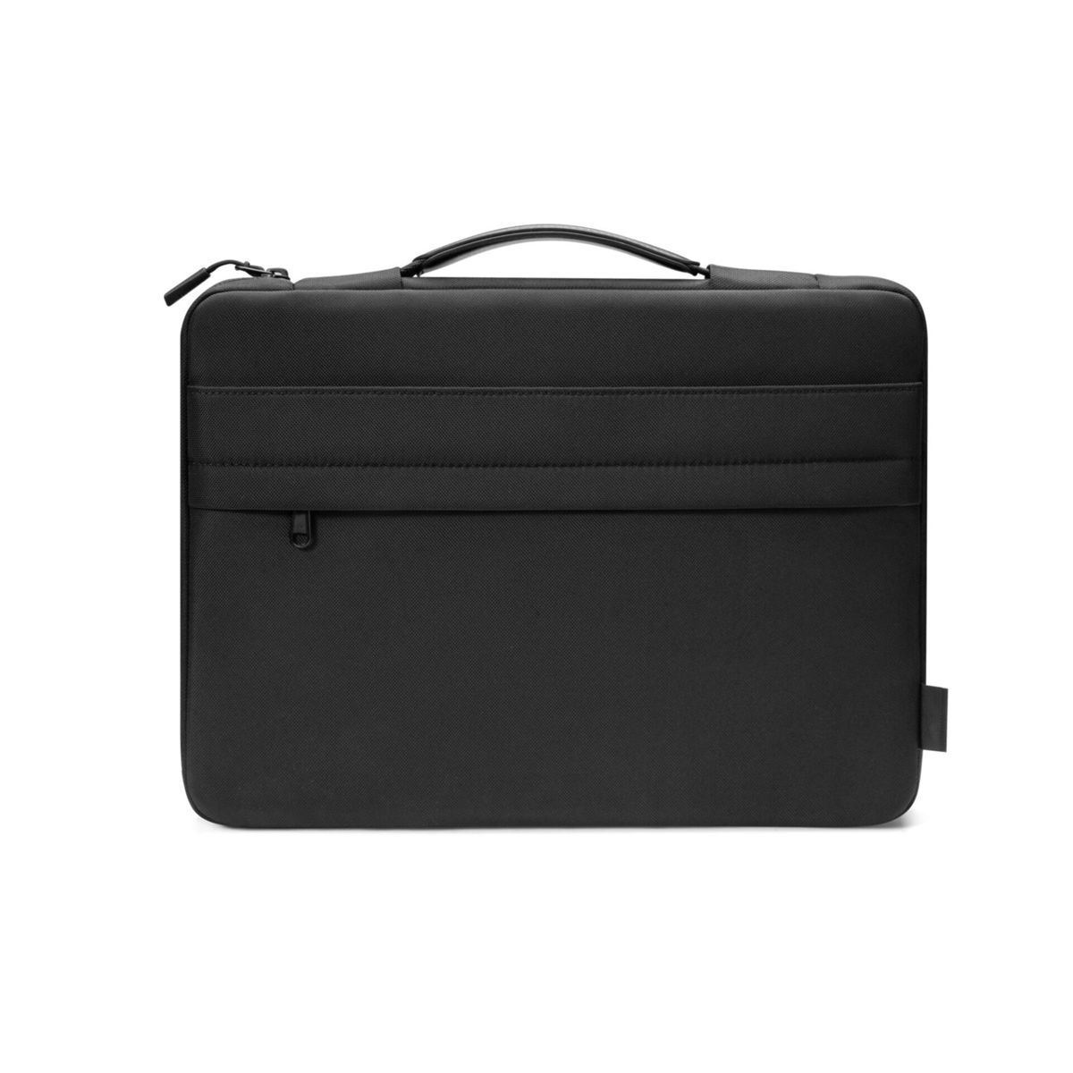 Borsa nera per laptop con manico e cerniera, design semplice.