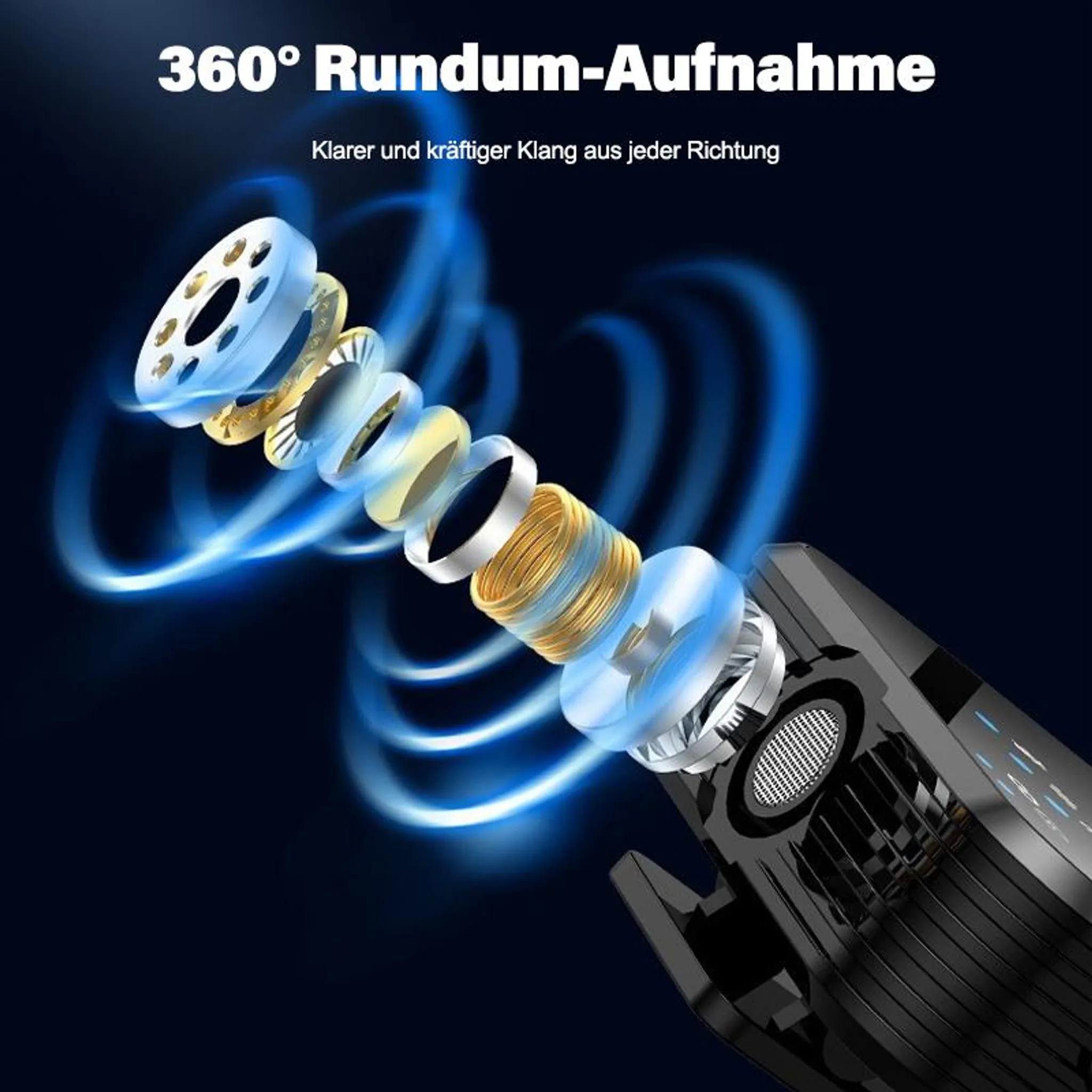 Explodierte Ansicht eines Lautsprechers mit kreisförmigen Elementen und blauen Wellen.