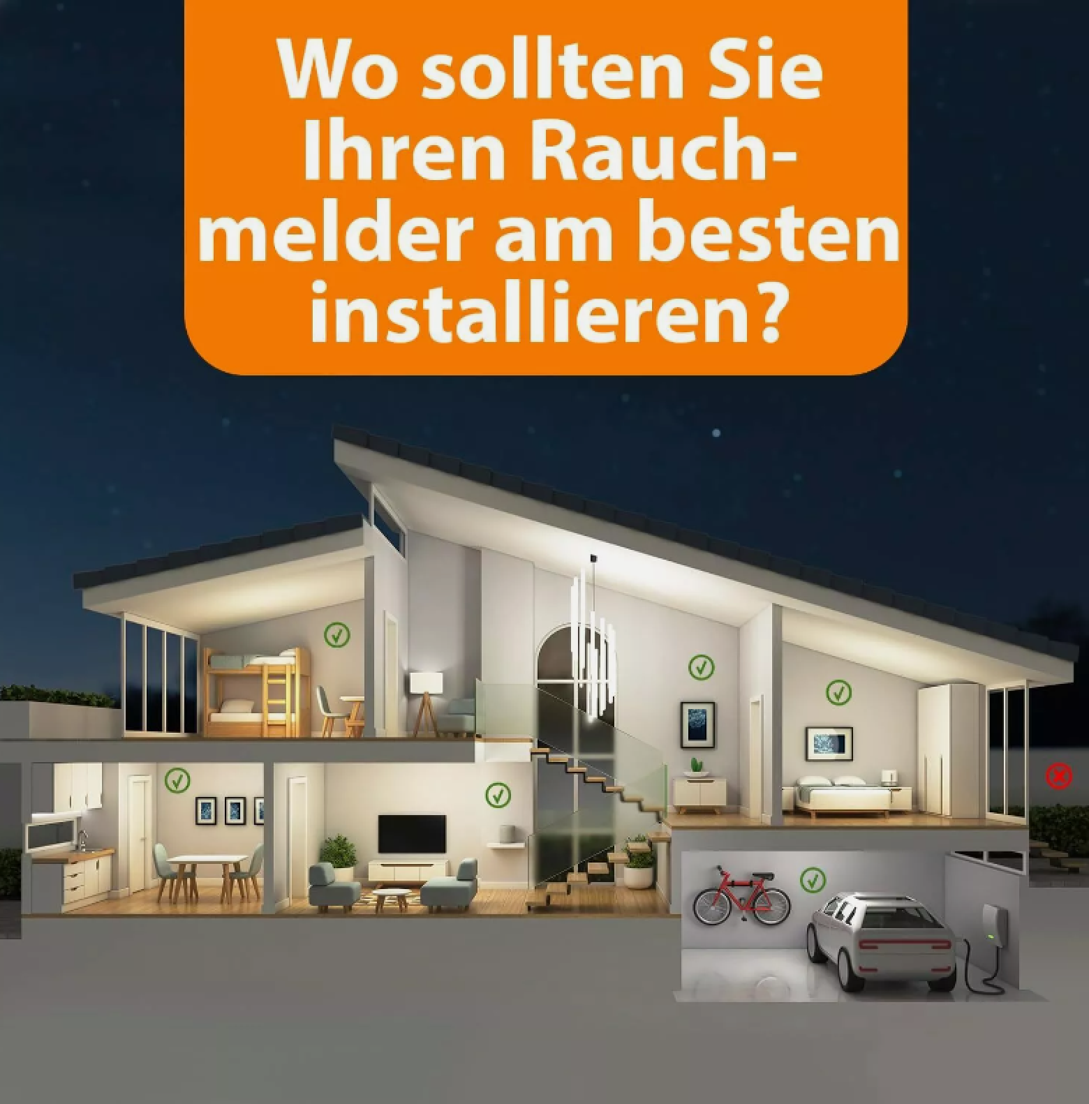 Hausansicht mit Rauchmelder-Installationshinweisen.