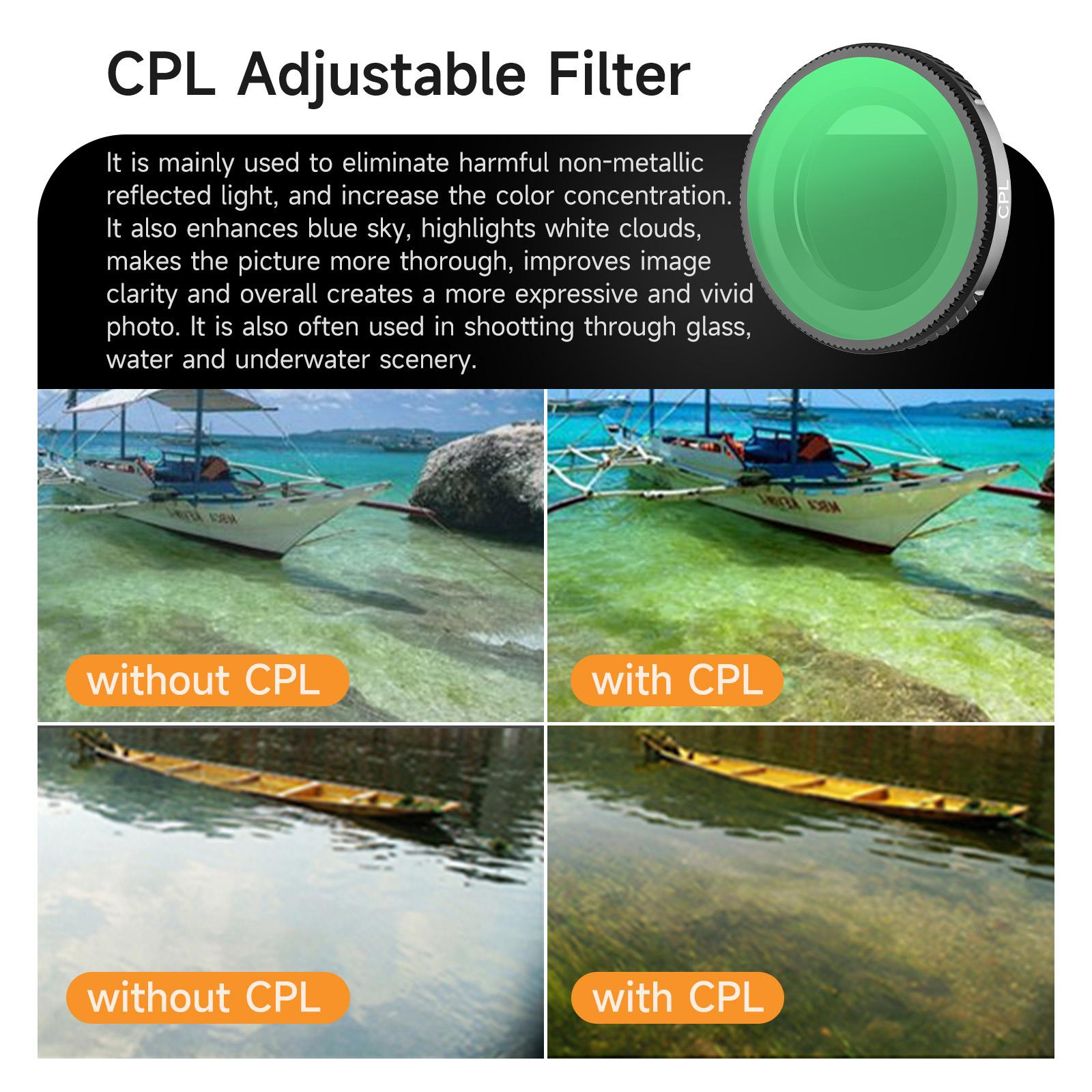 Vergleich von CPL-Filtereffekten auf Boote im Wasser.