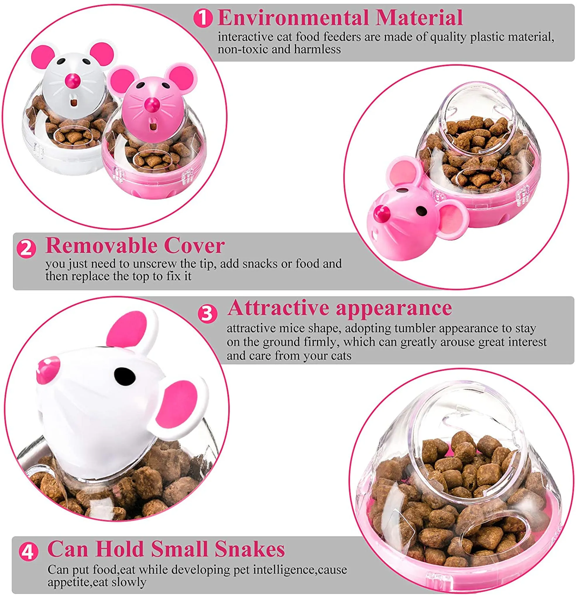 Zwei interaktive Futterspender in Mäuseform, einer weiß, einer pink, gefüllt mit Futter.