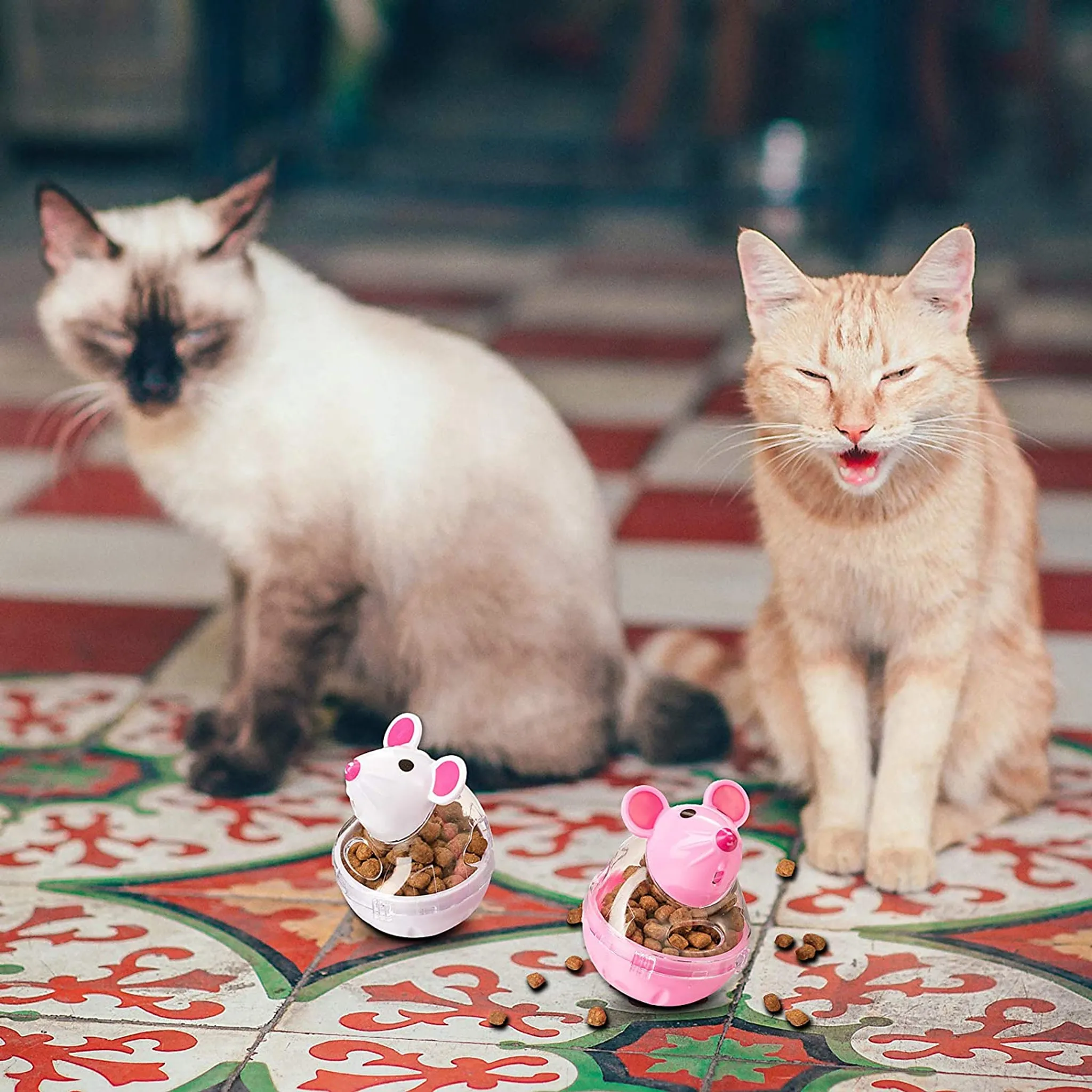 Zwei Katzen sitzen auf einem gemusterten Boden neben Futterspielzeugen.
