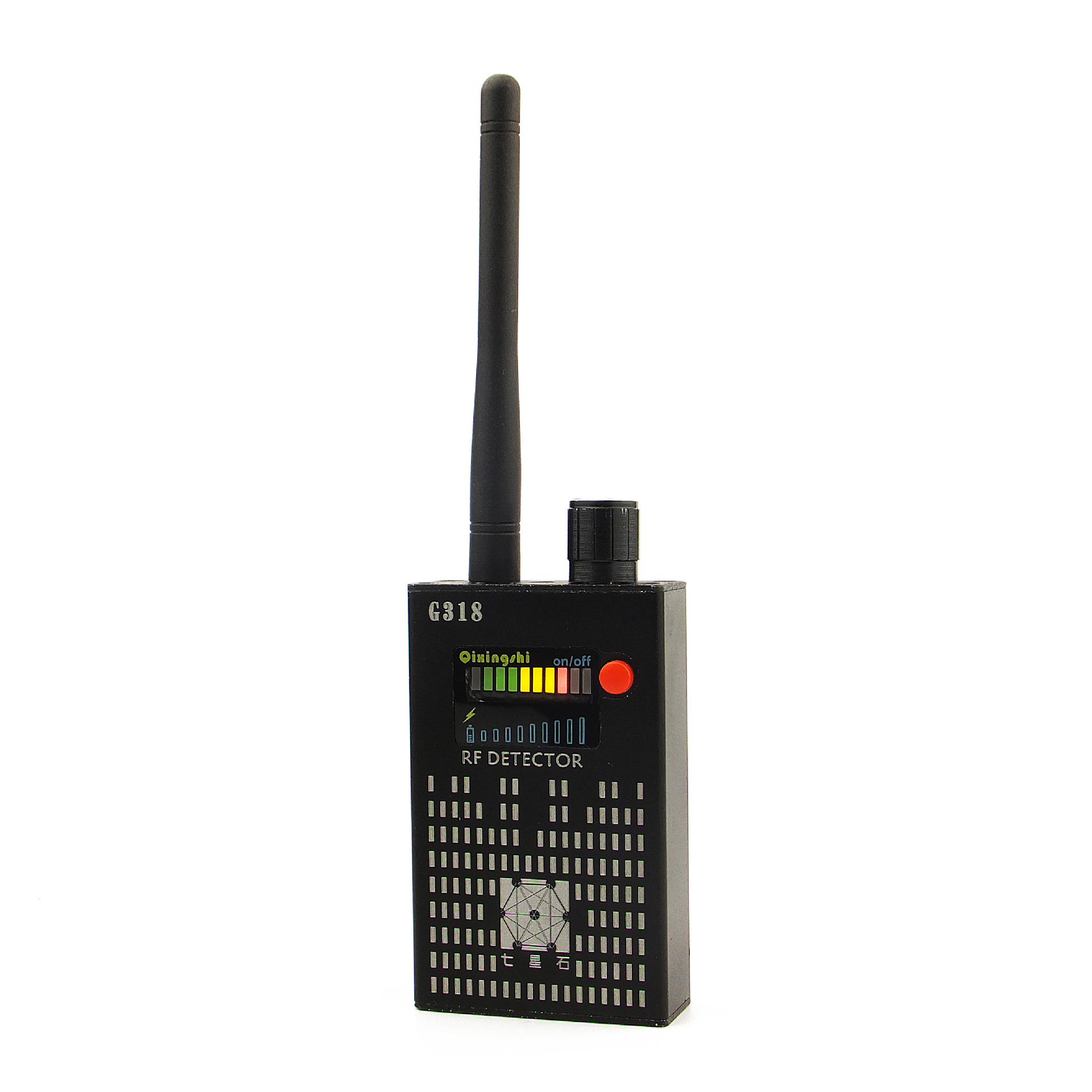 Ein schwarzes RF-Detektor-Gerät mit Antenne und Anzeigefeld.